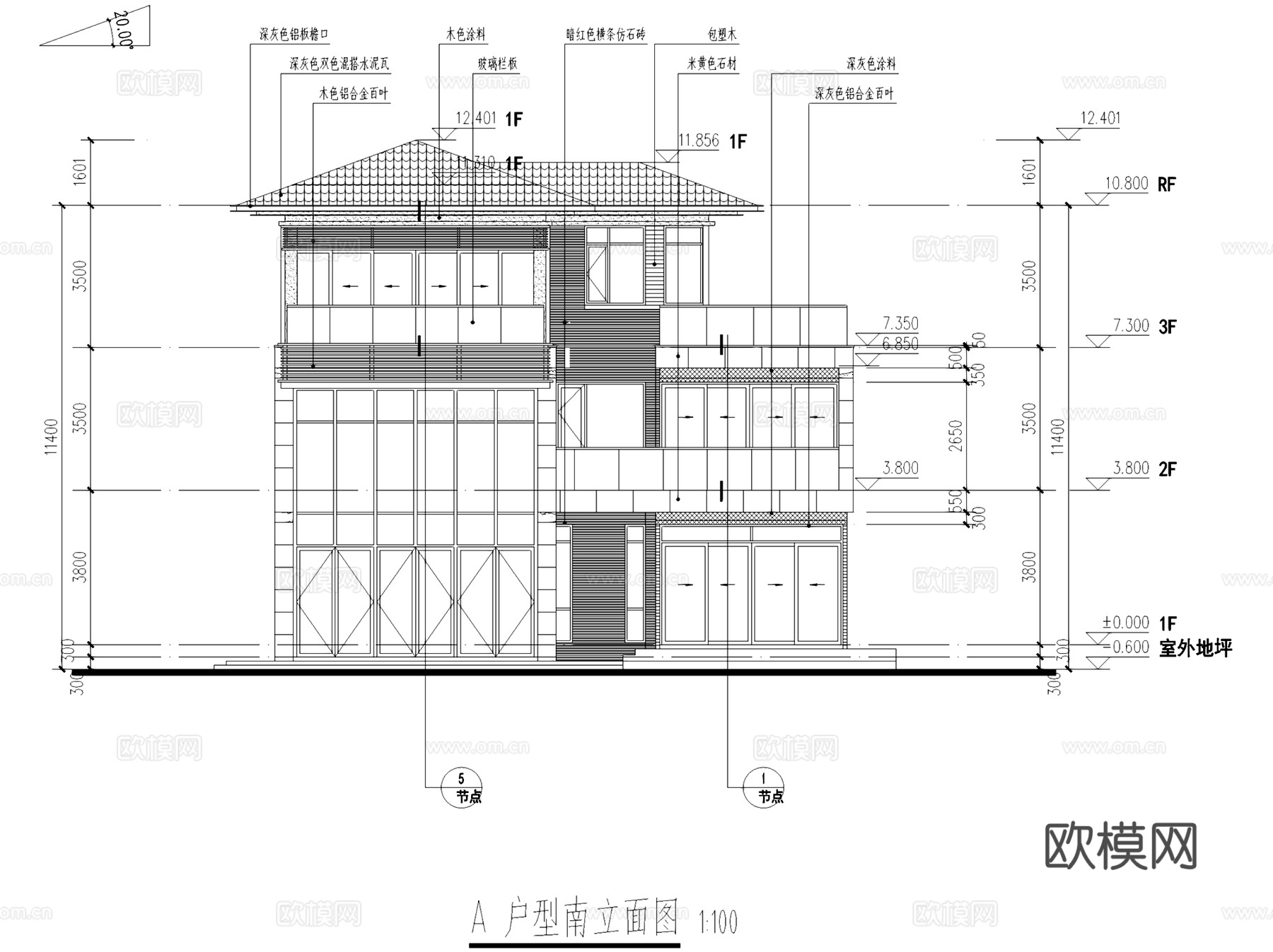 两厅四套间三层别墅建筑CAD施工图cad施工图
