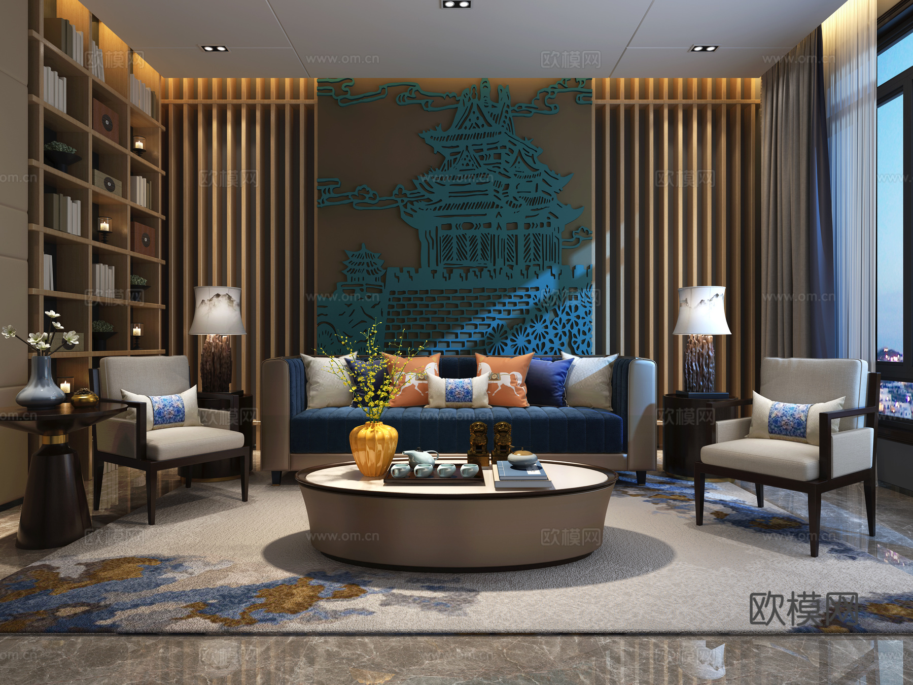 新中式客厅沙发 餐桌椅 挂画 物件摆件 墙饰品3d模型下载（渲染图3）