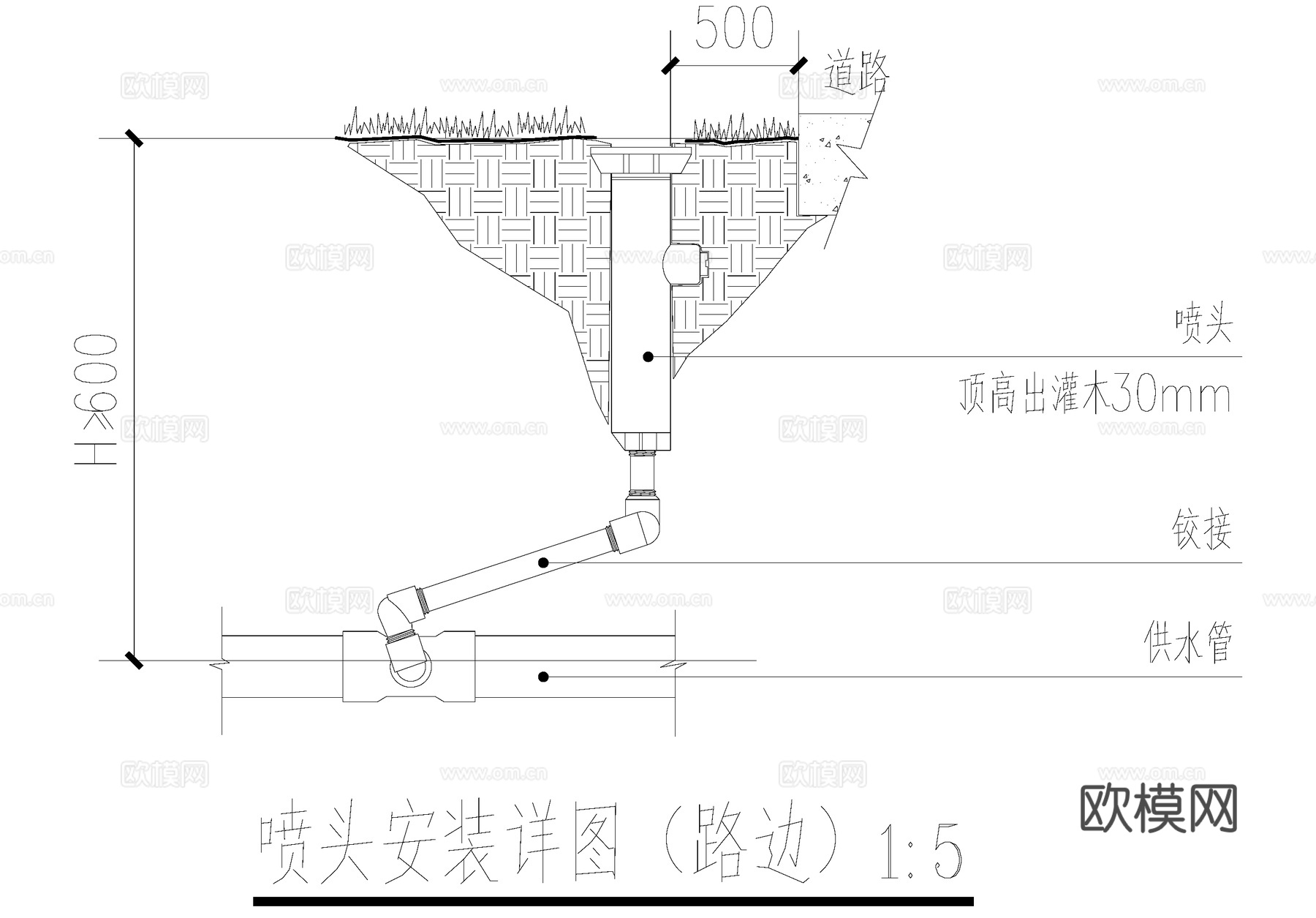 喷灌喷头安装详图 地埋式旋转喷头 给排水节点cad施工图