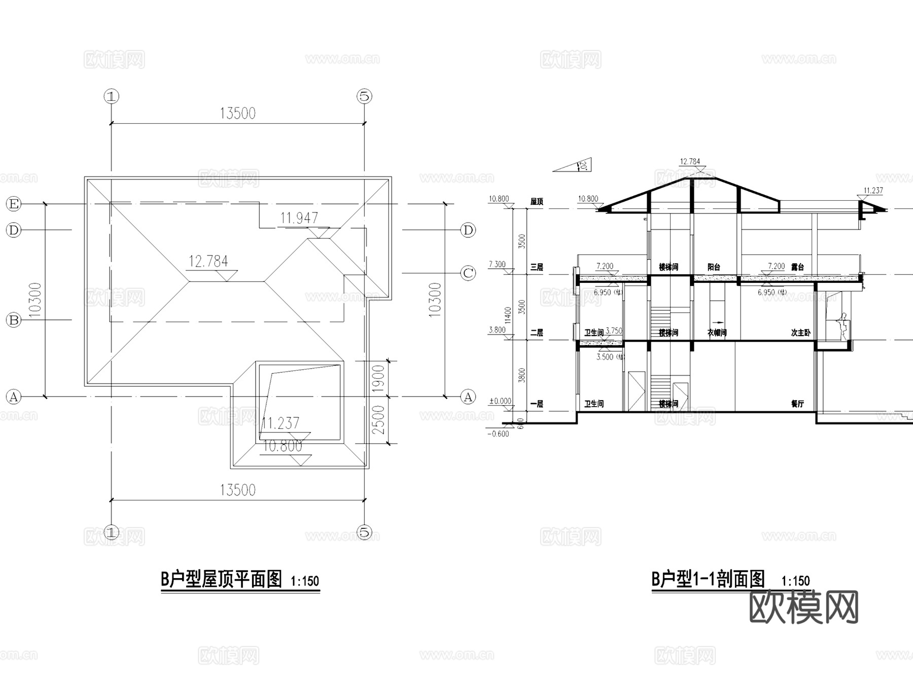 两厅三套间一单间三层别墅建筑CAD施工图cad施工图