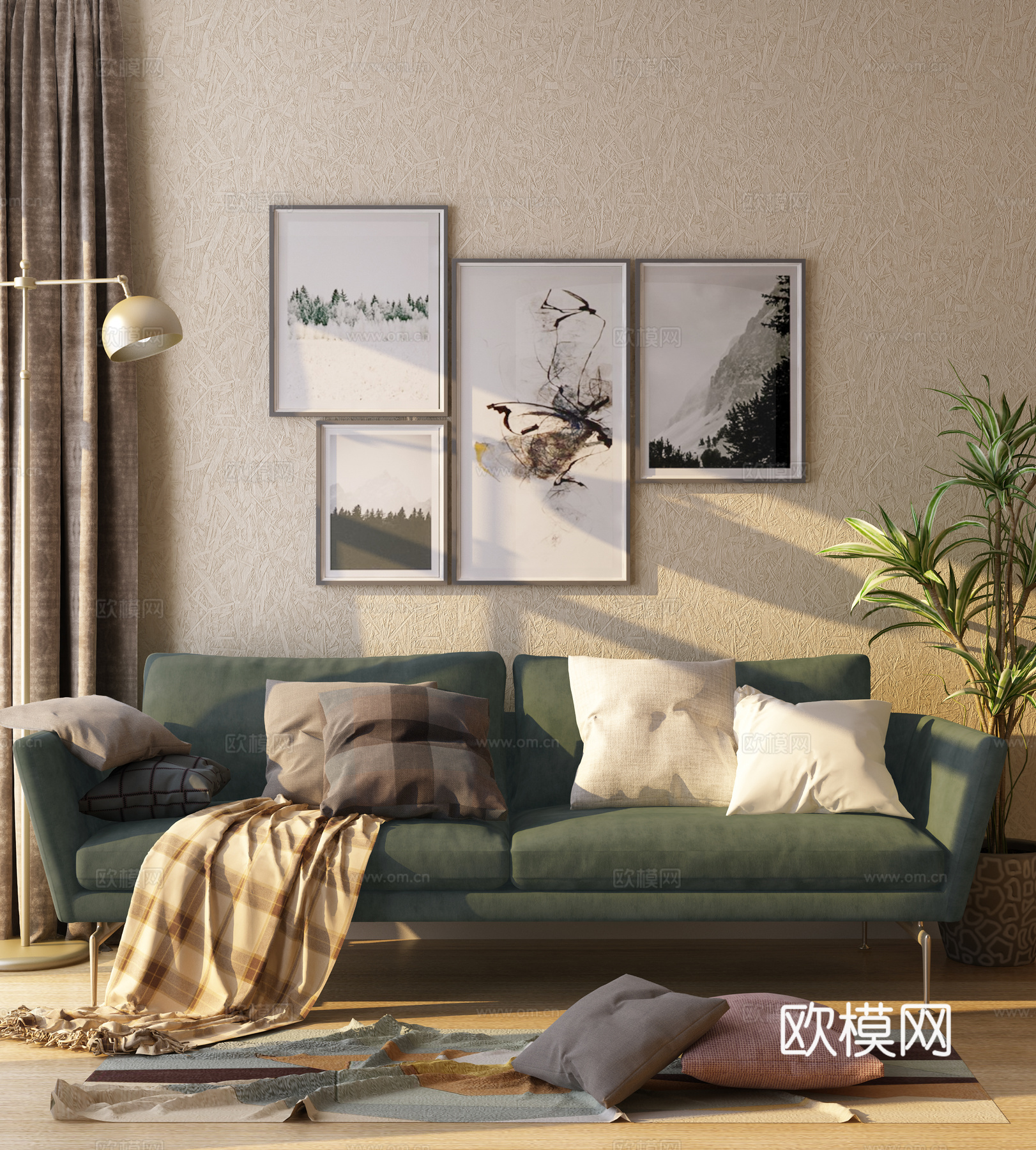 北欧沙发组合 落地灯 装饰画 窗帘组合3d模型下载（渲染图1）