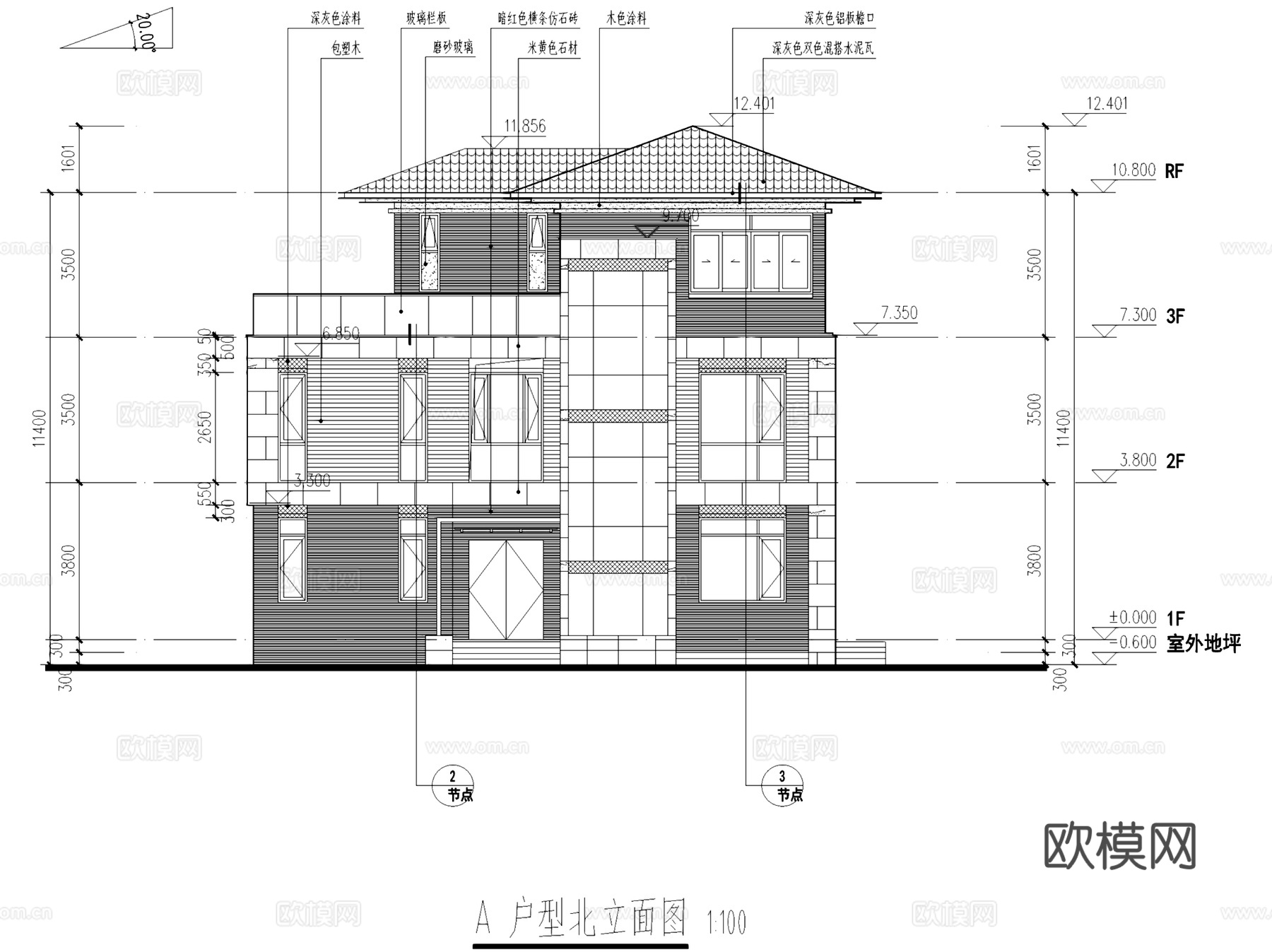两厅四套间三层别墅建筑CAD施工图cad施工图