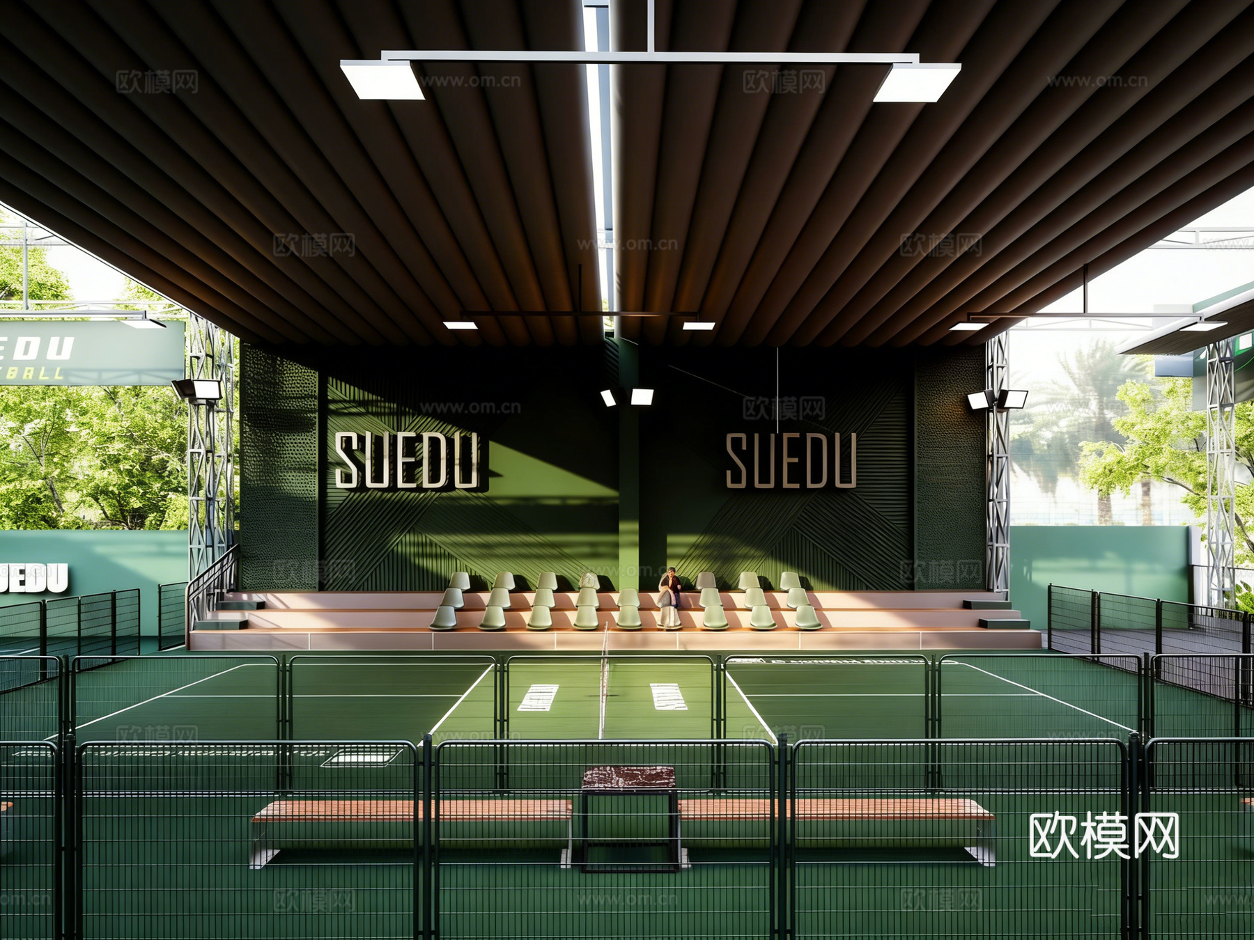 现代专业羽毛球网球球场 钢结构顶棚 专业围网 观众看台 体育su模型