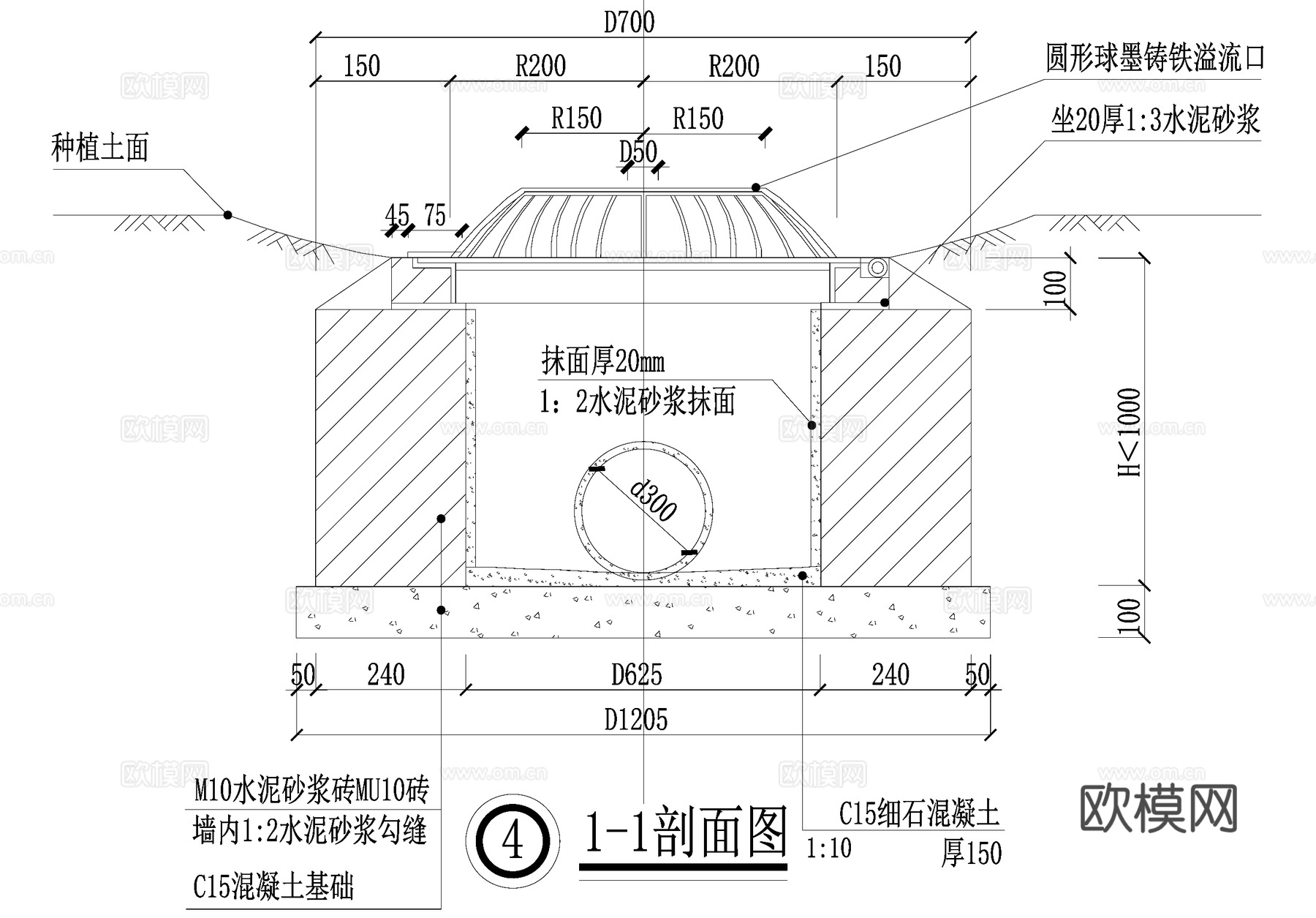 雨水花园植草沟溢流口给排水节点cad施工图