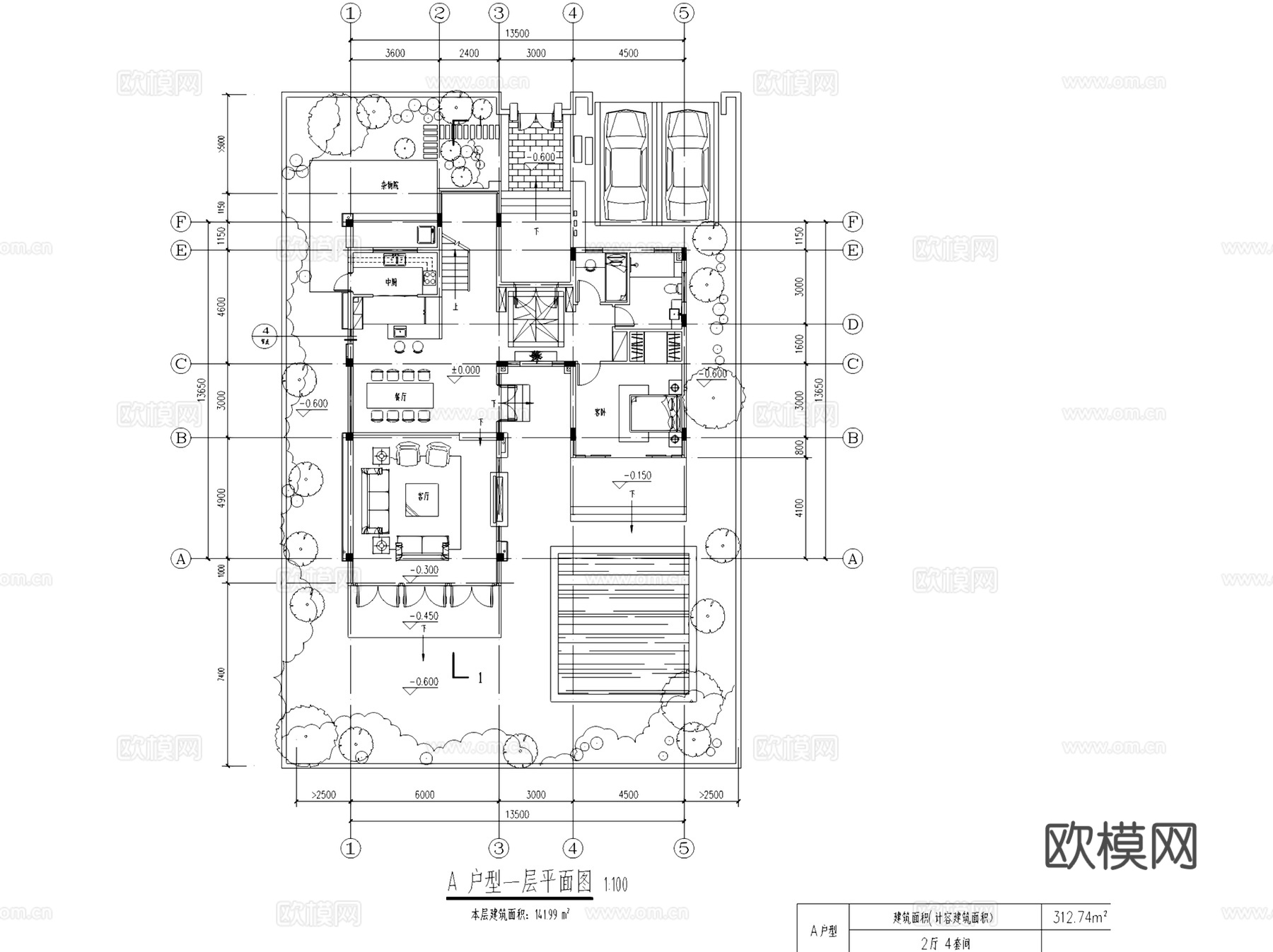 两厅四套间三层别墅建筑CAD施工图cad施工图