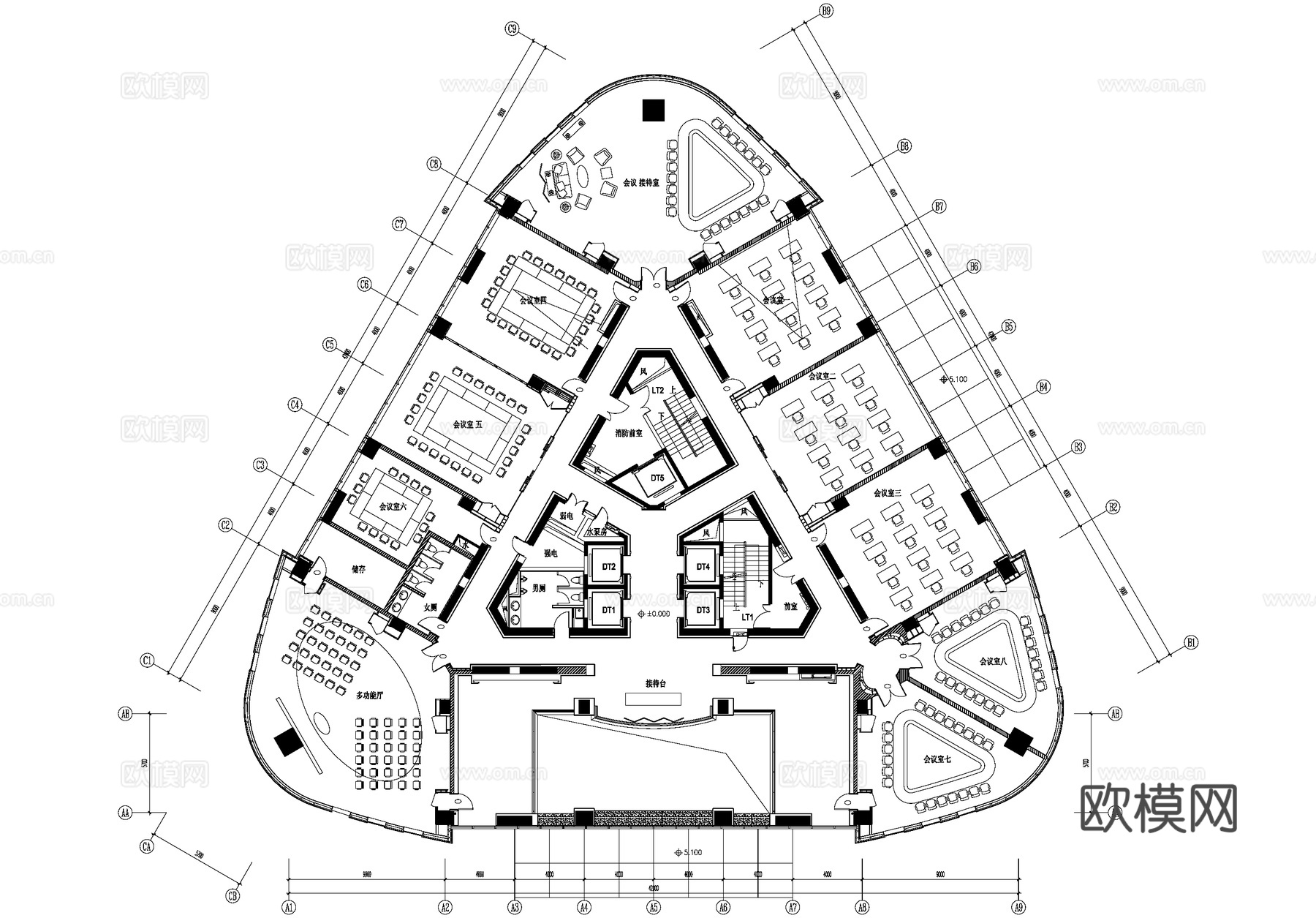 多功能大会议室报告厅接待室平面图cad施工图