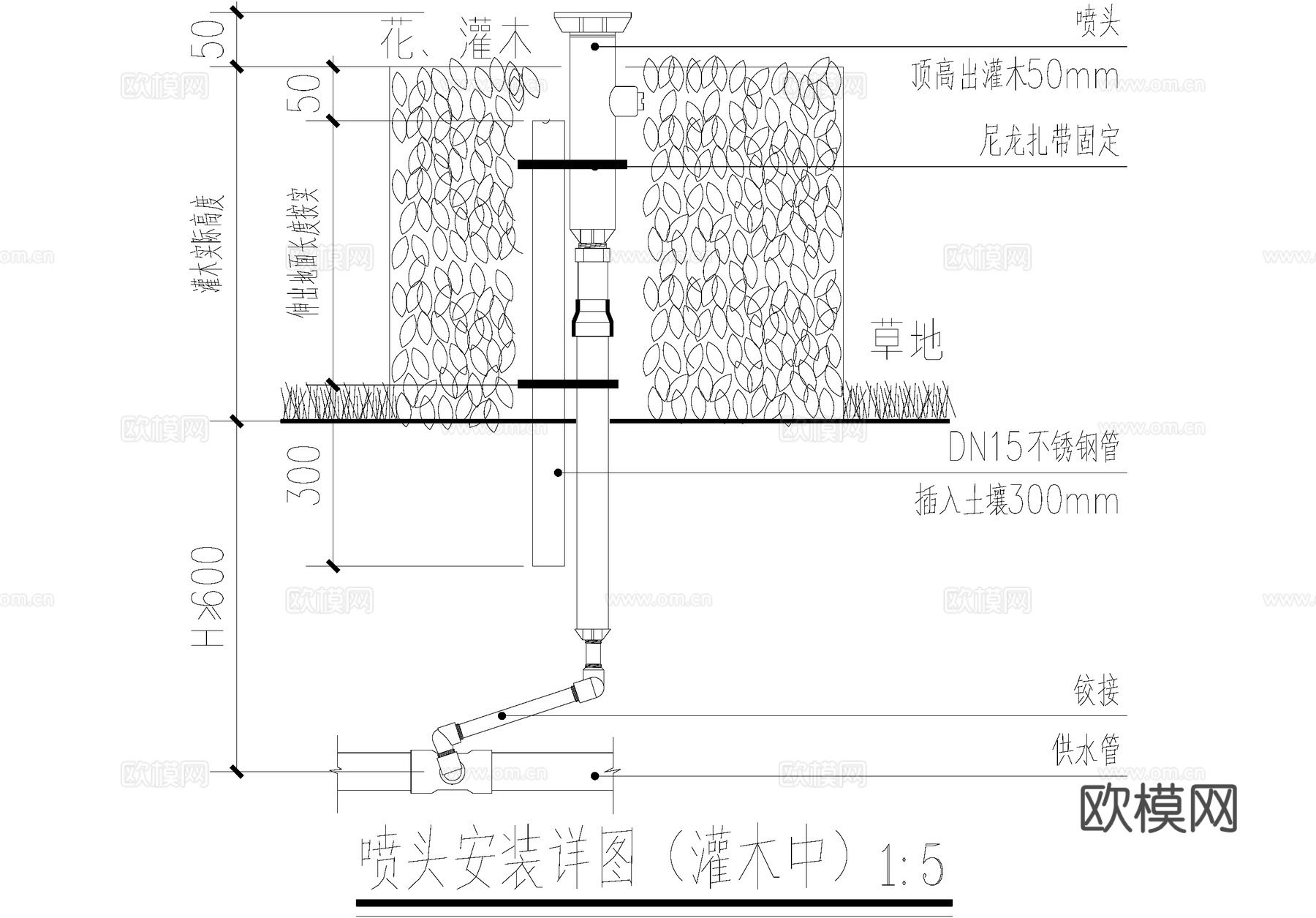 喷灌喷头安装详图 地埋式旋转喷头 给排水节点cad施工图