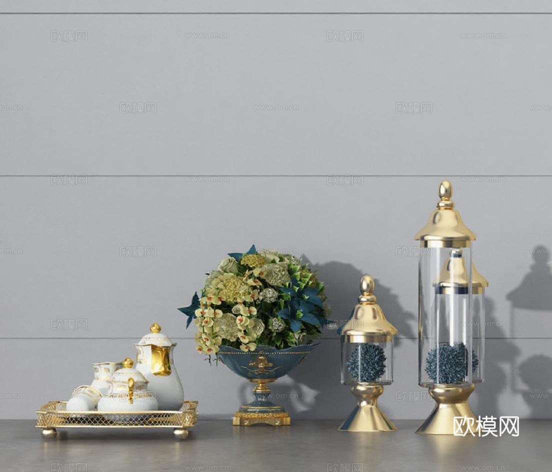 高端家居装饰摆件组合 现代简约客厅陶瓷茶具玻璃罐花瓶 轻奢金色装饰北欧风室内设计免费3d模型下载