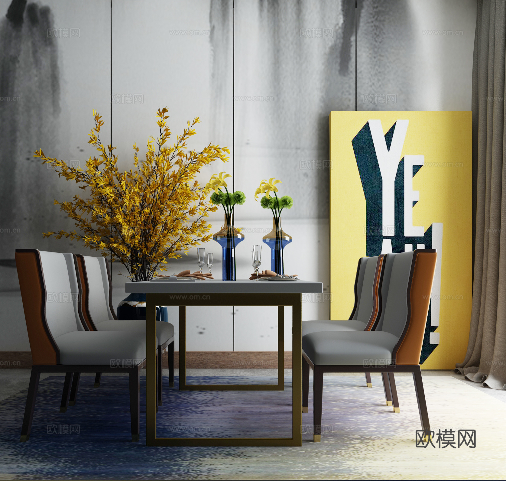 现代餐桌椅组合3d模型下载（渲染图2）