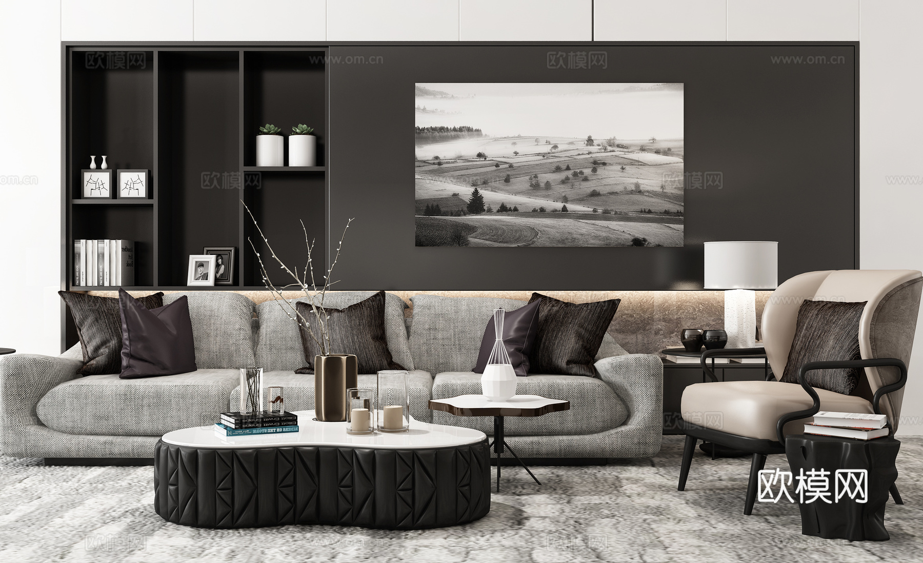 现代沙发茶几休闲椅组合3d模型下载（渲染图1）