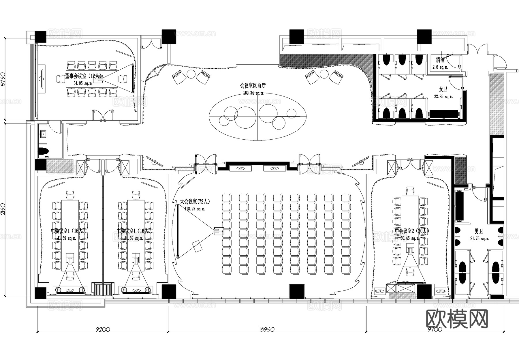 多功能大会议室报告厅平面图cad施工图