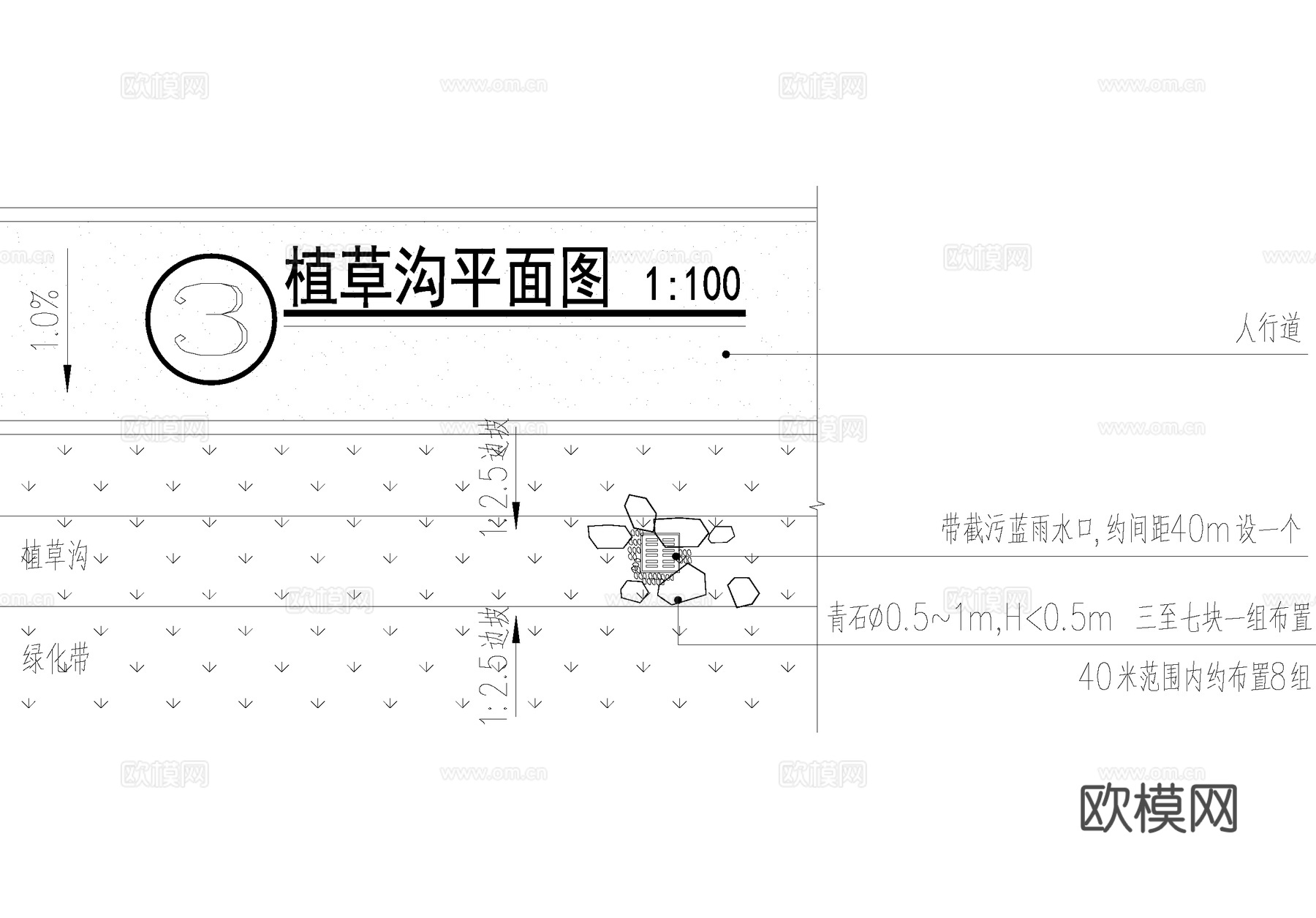 雨水花园 生态植草沟 溢流口 给排水节点cad施工图