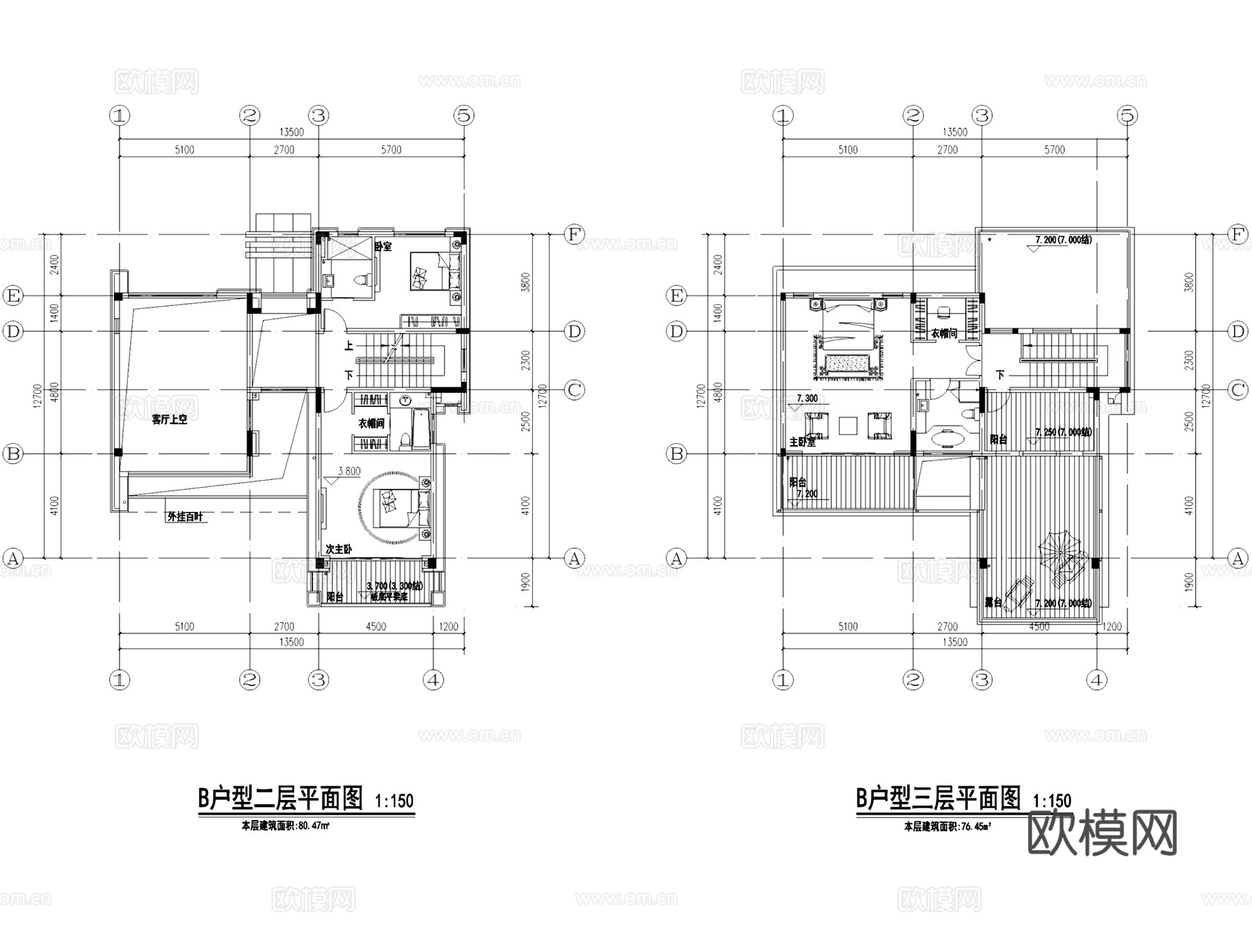 两厅三套间一单间三层别墅建筑CAD施工图cad施工图