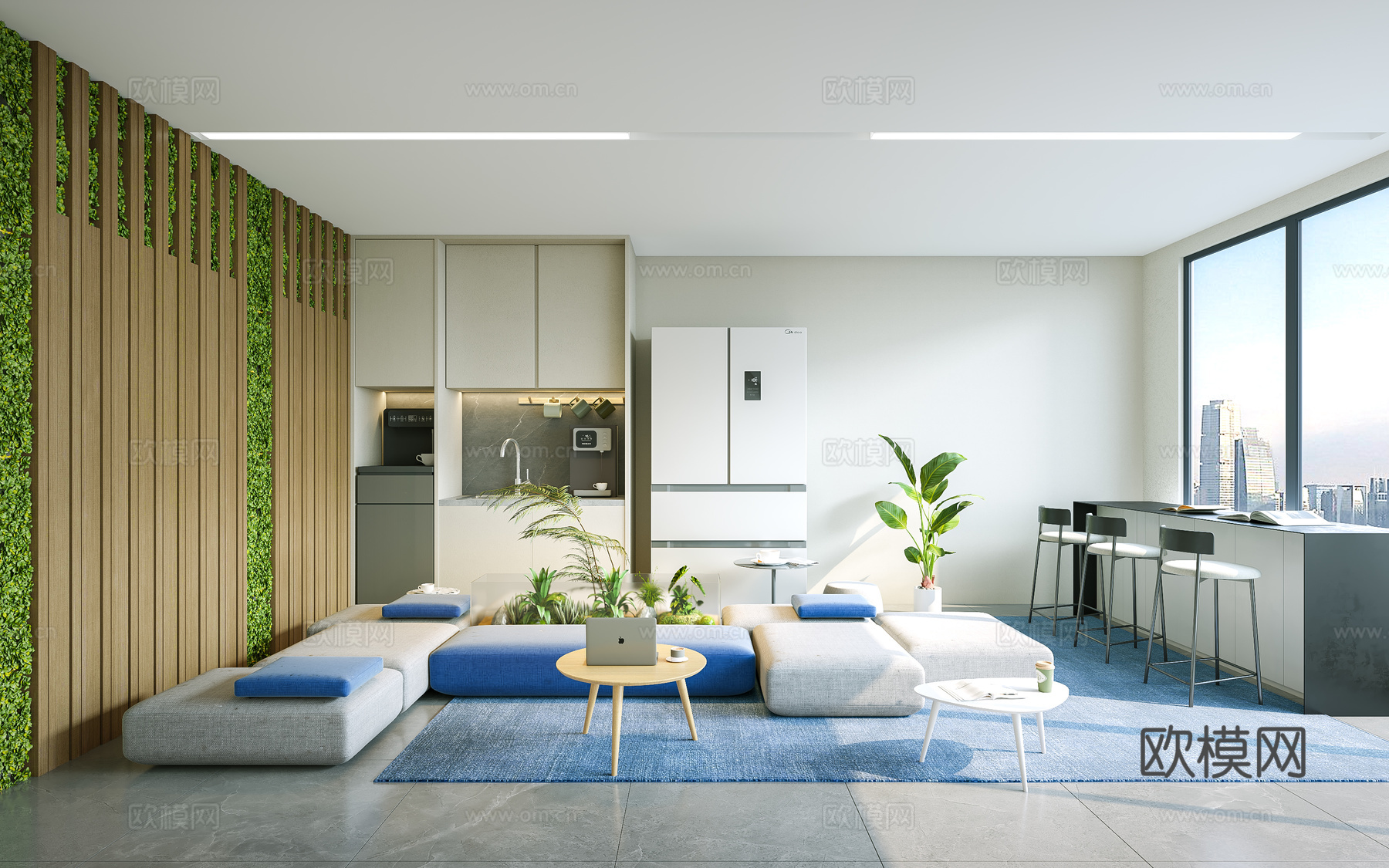 现代办公茶水间 吧台吧椅 水吧 茶水柜 休息区 卡座沙发su模型