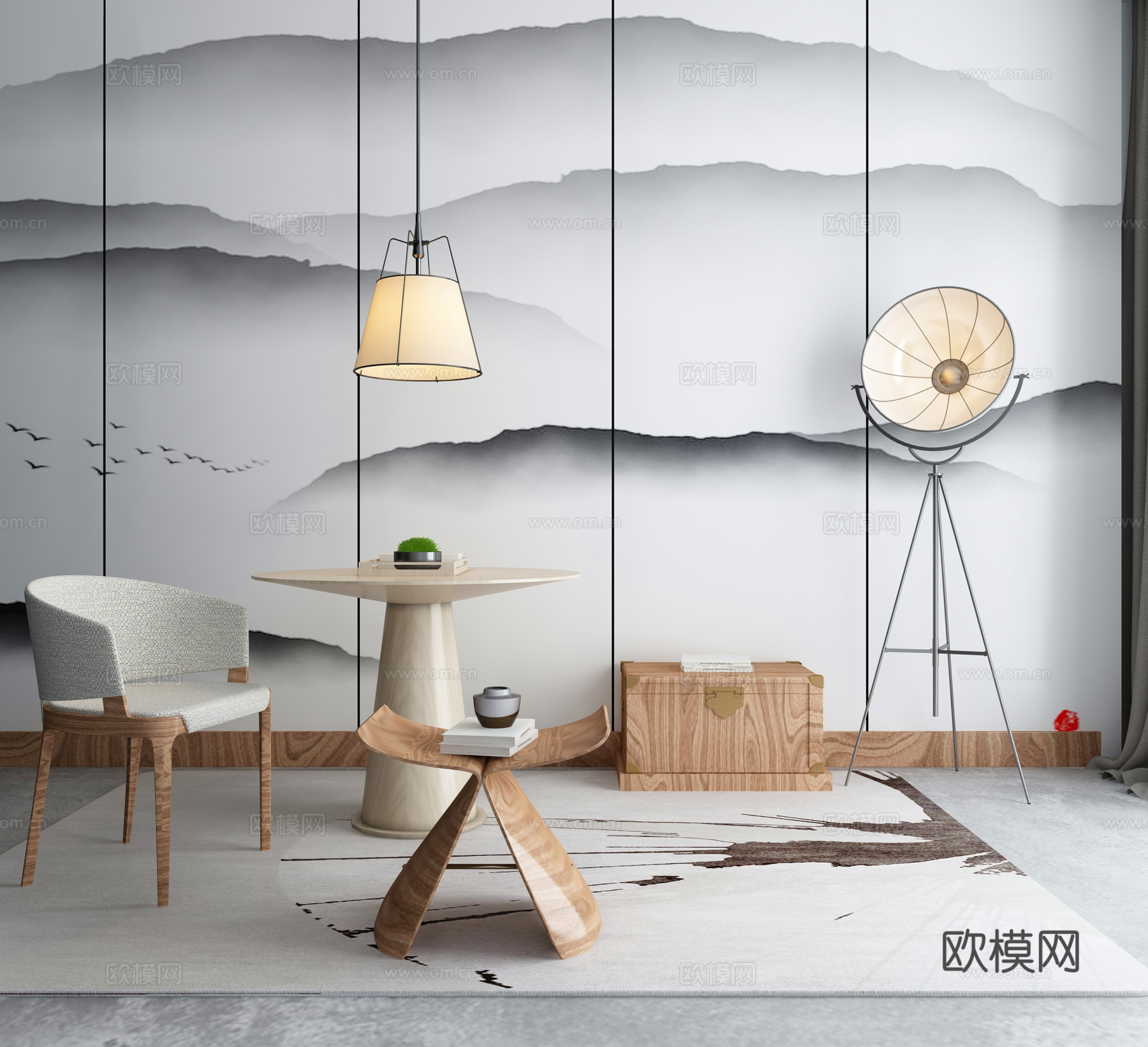 新中式沙发茶几组合3d模型下载（渲染图1）