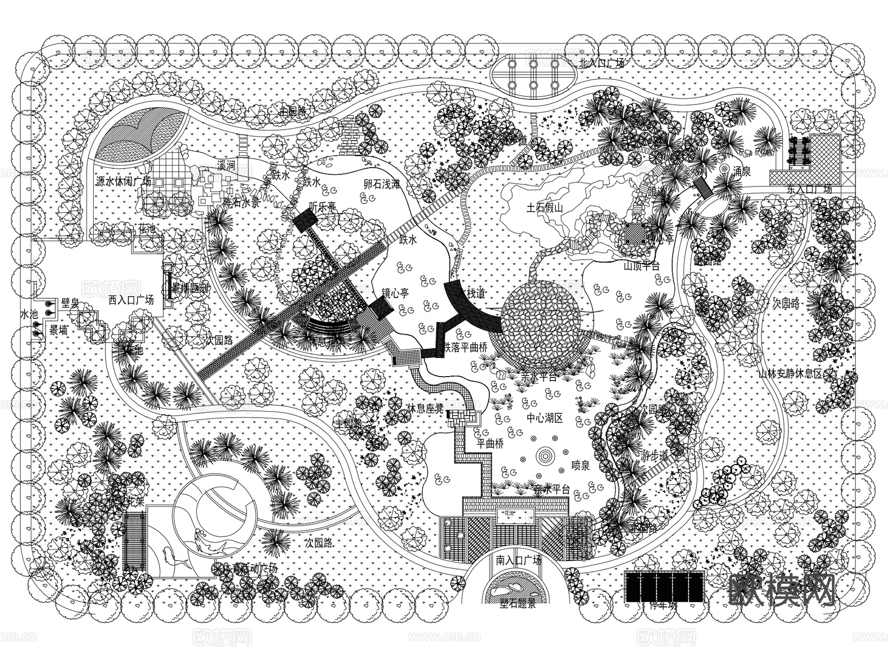 居住区滨水景观绿地公园平面CAD施工图+SU+LUcad施工图