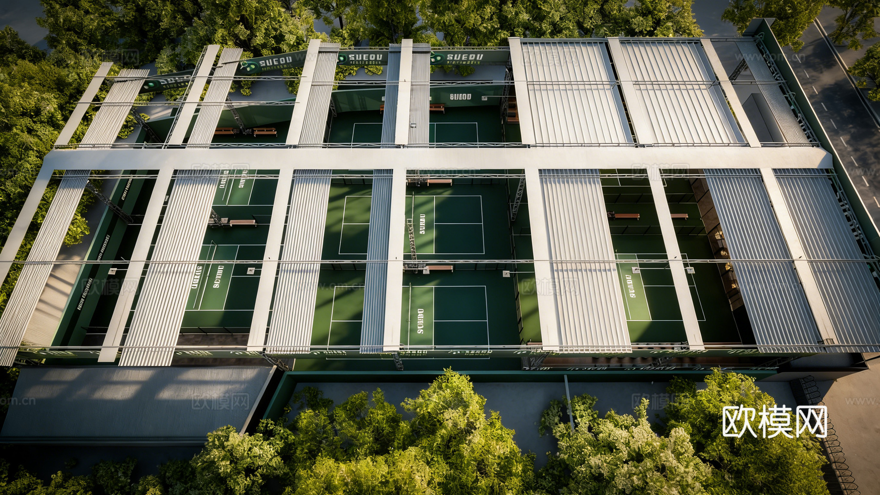 现代专业羽毛球网球球场 钢结构顶棚 专业围网 观众看台 体育su模型