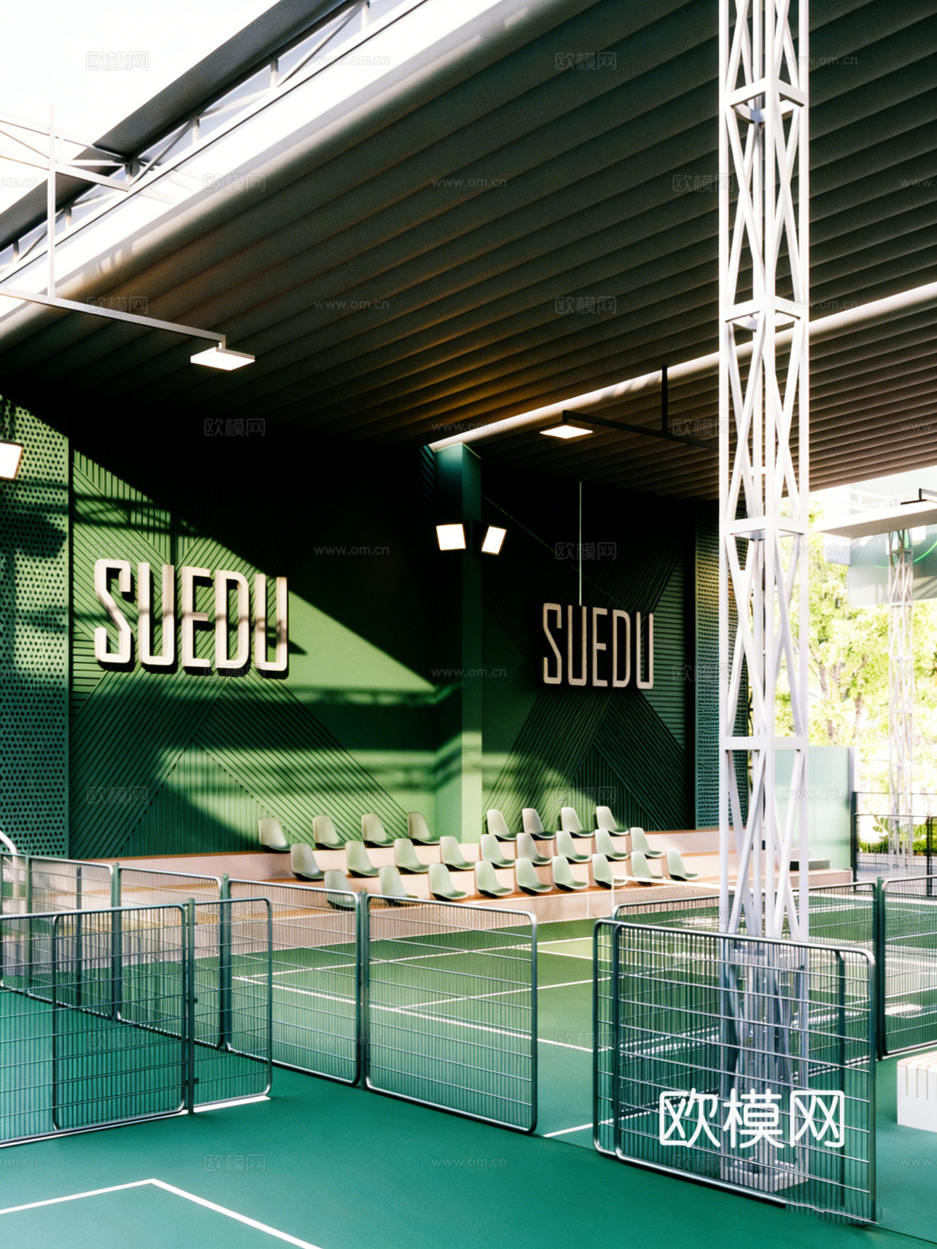 现代专业羽毛球网球球场 钢结构顶棚 专业围网 观众看台 体育su模型