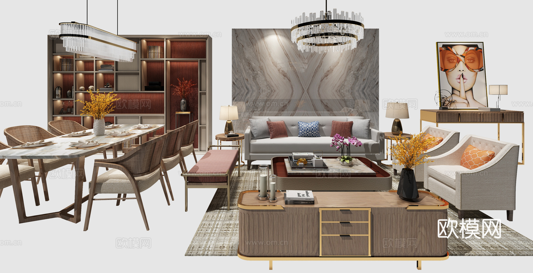 现代沙发餐桌组合 餐桌椅 吊灯 电视柜 橱柜3d模型下载（渲染图1）
