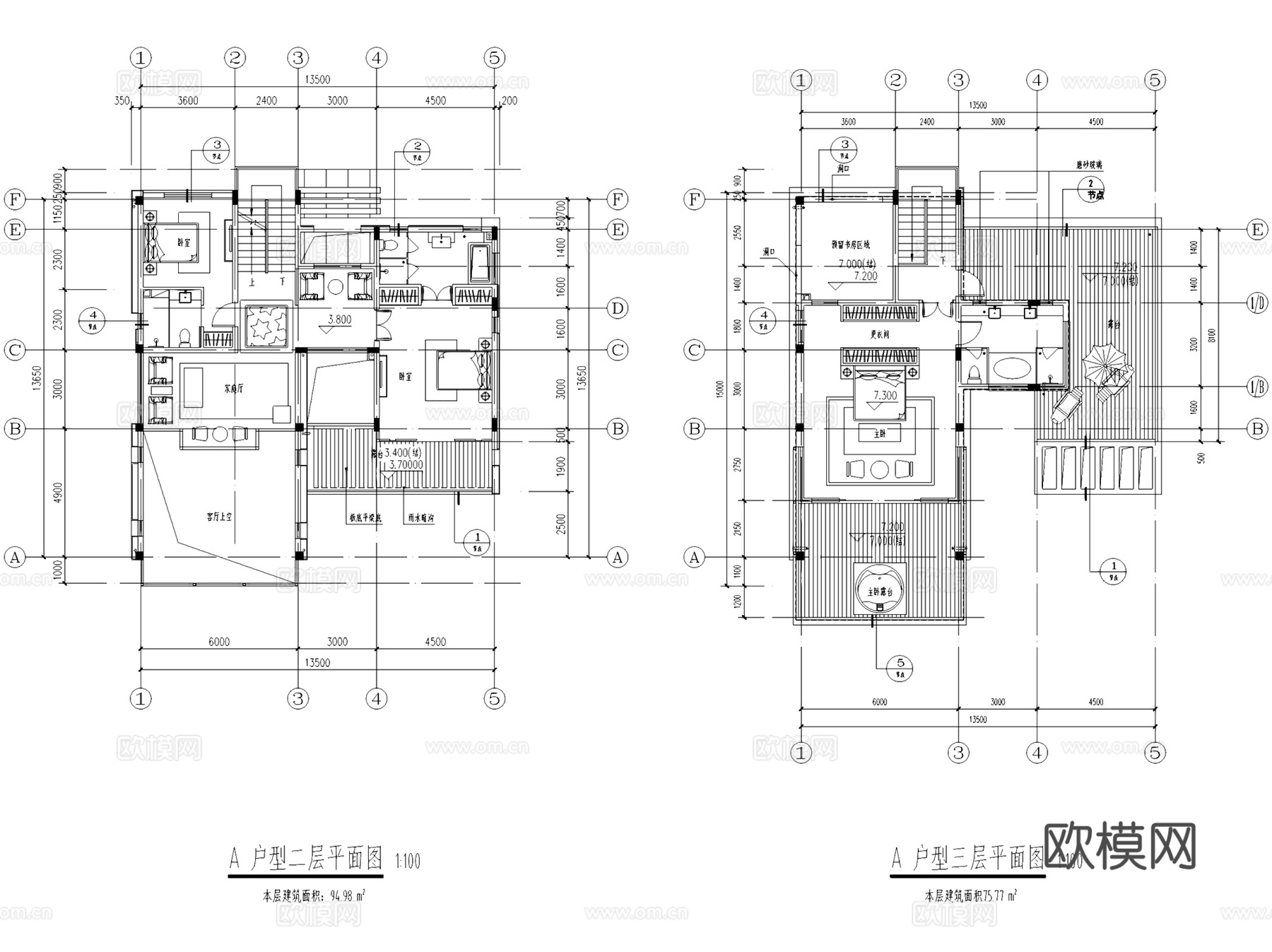 两厅四套间三层别墅建筑CAD施工图cad施工图