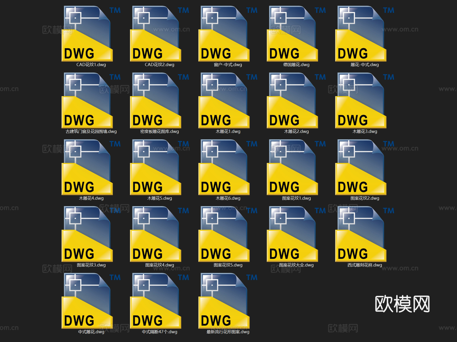 雕花图案花纹纹样装饰线条图块图库CAD施工图集 23套cad施工图