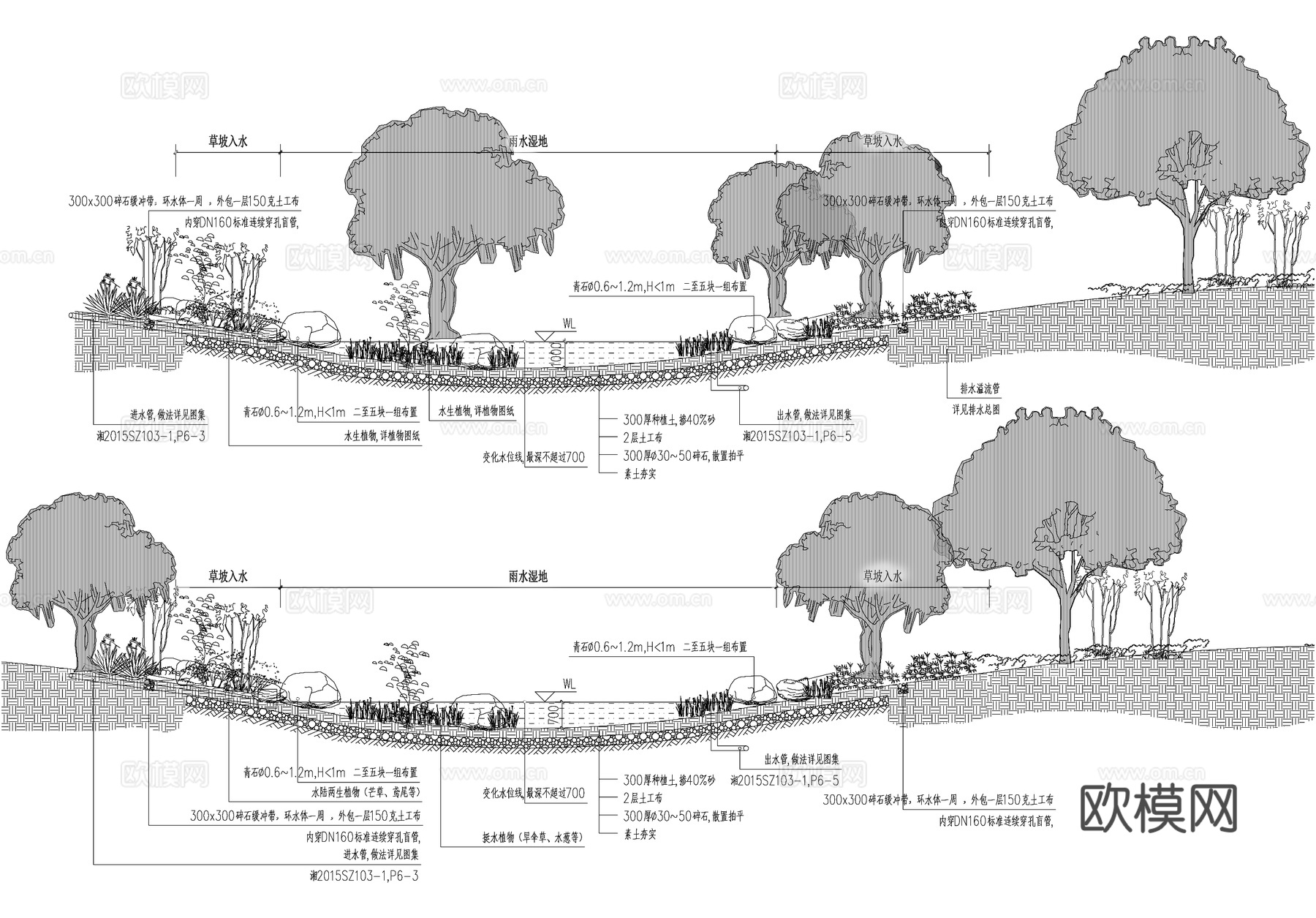 雨水湿地草坡入水 平剖面 给排水节点cad施工图
