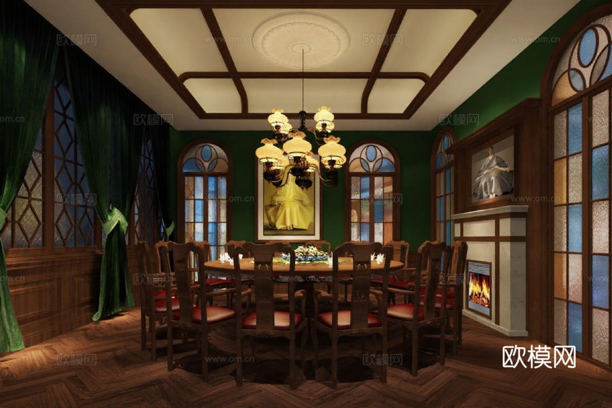古典奢华餐厅设计 深绿棕木色调空间 复古吊灯壁炉装饰 典雅对称室内布局免费3d模型下载