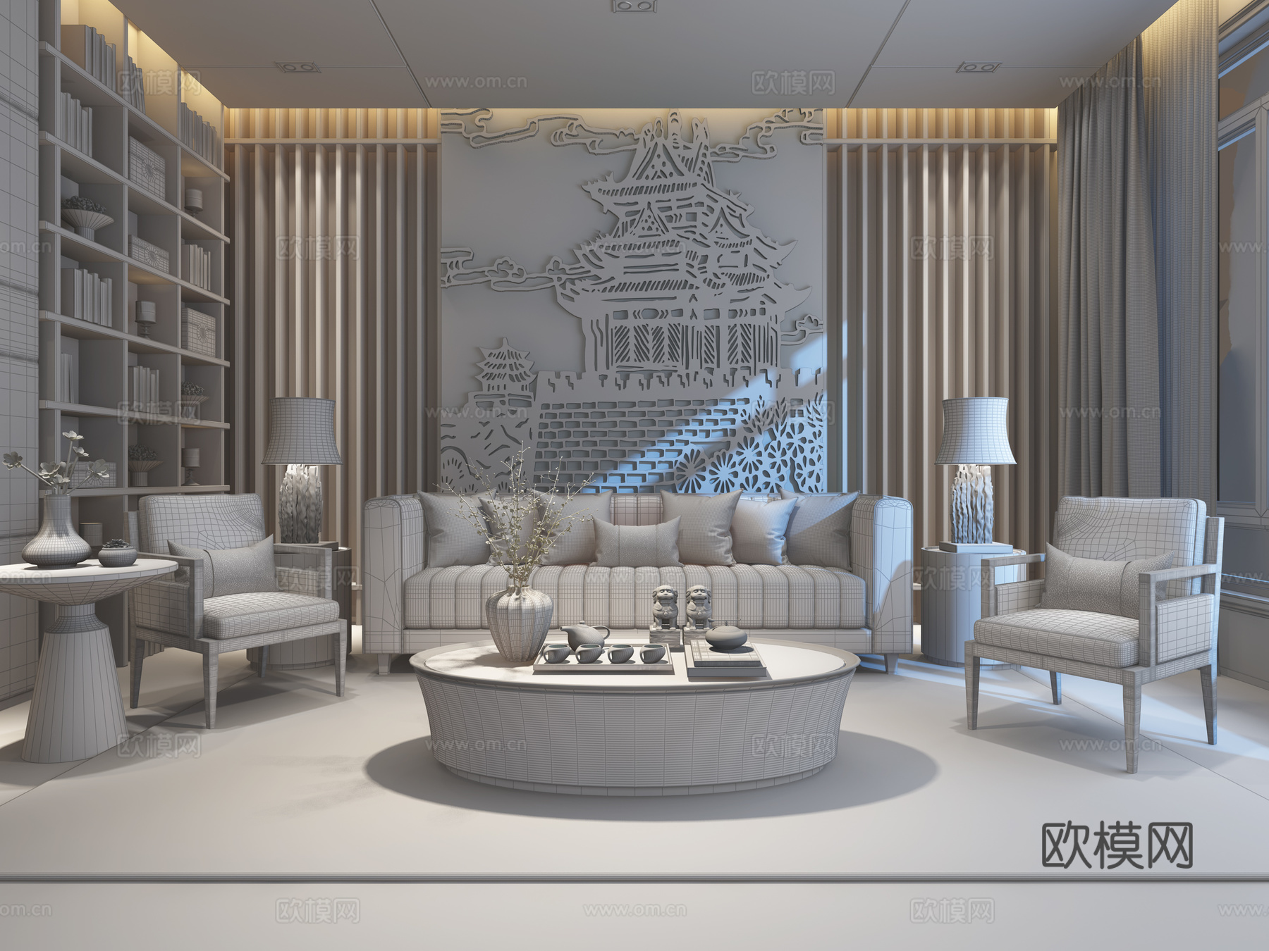 新中式客厅沙发 餐桌椅 挂画 物件摆件 墙饰品3d模型下载（渲染图2）