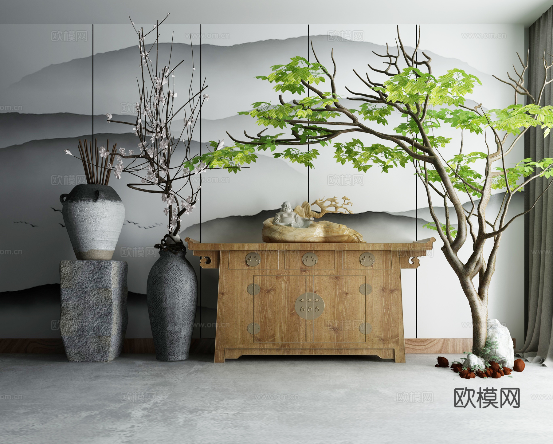 新中式端景条案3d模型下载（渲染图2）