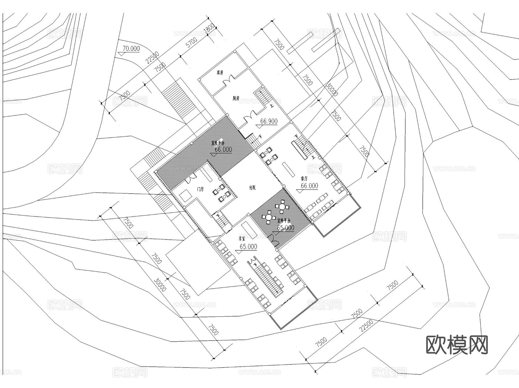 山地民宿餐厅茶室建筑CAD施工图+SU模型cad施工图