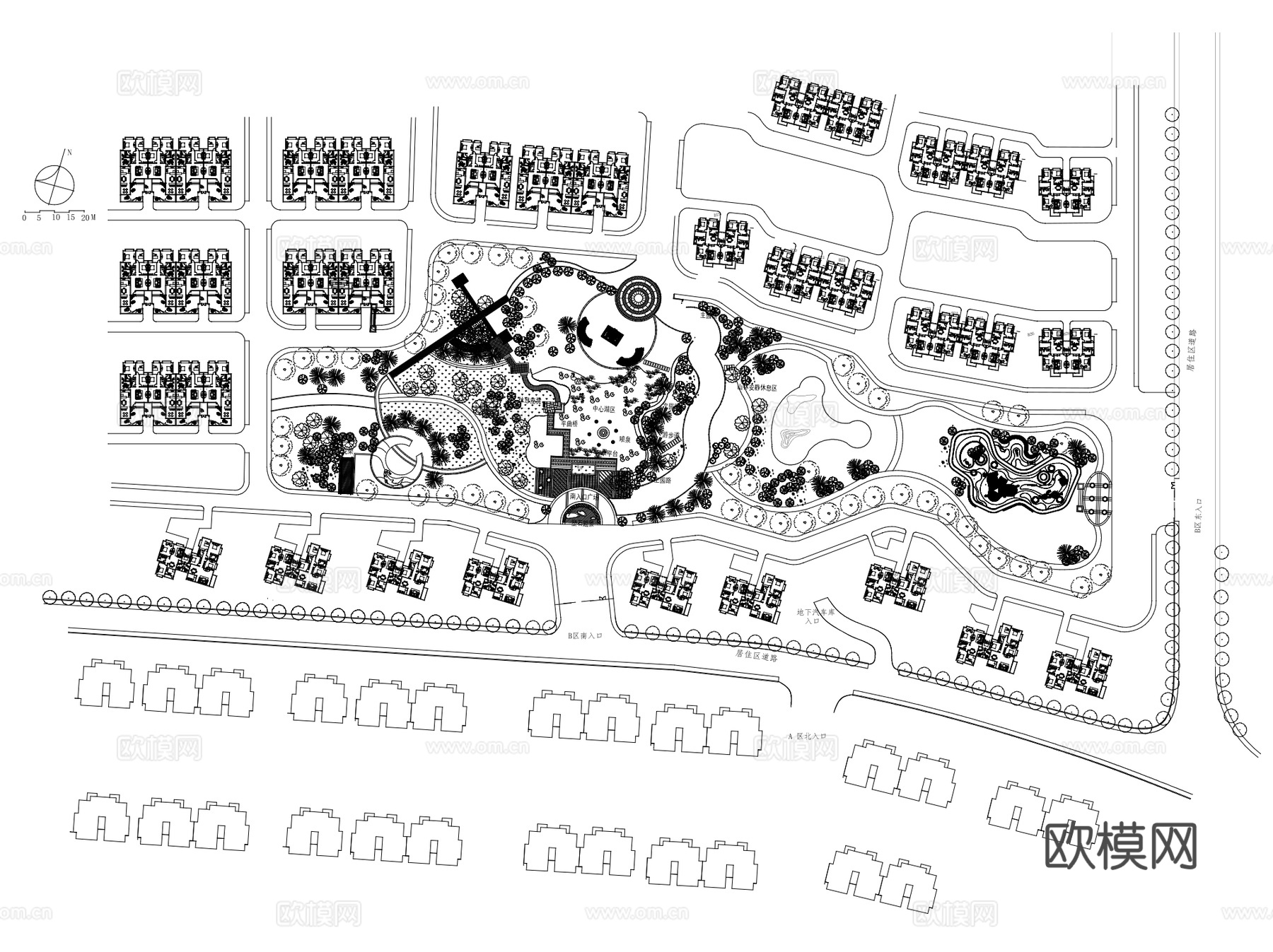 居住区滨水景观绿地公园平面CAD施工图+SU+LUcad施工图