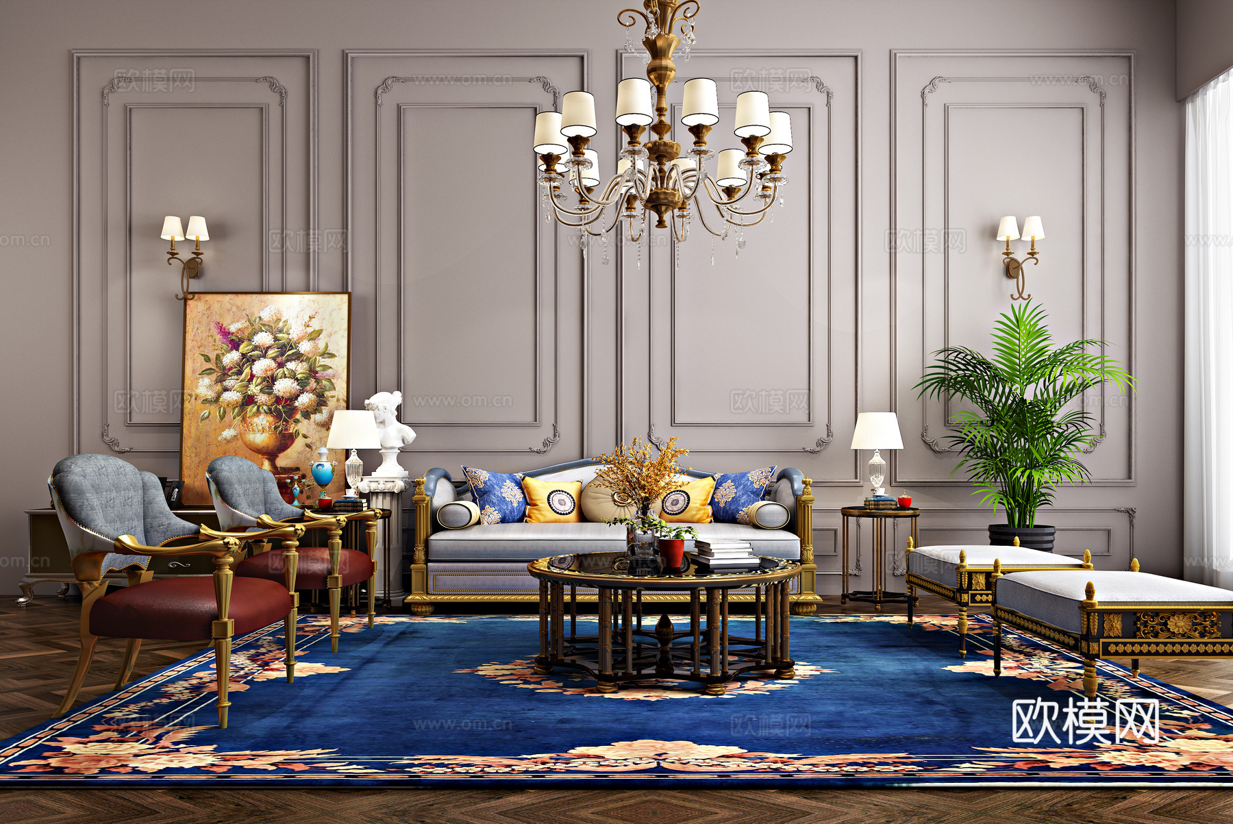 欧式沙发茶几 吊灯 电视柜 挂画3d模型下载（渲染图1）