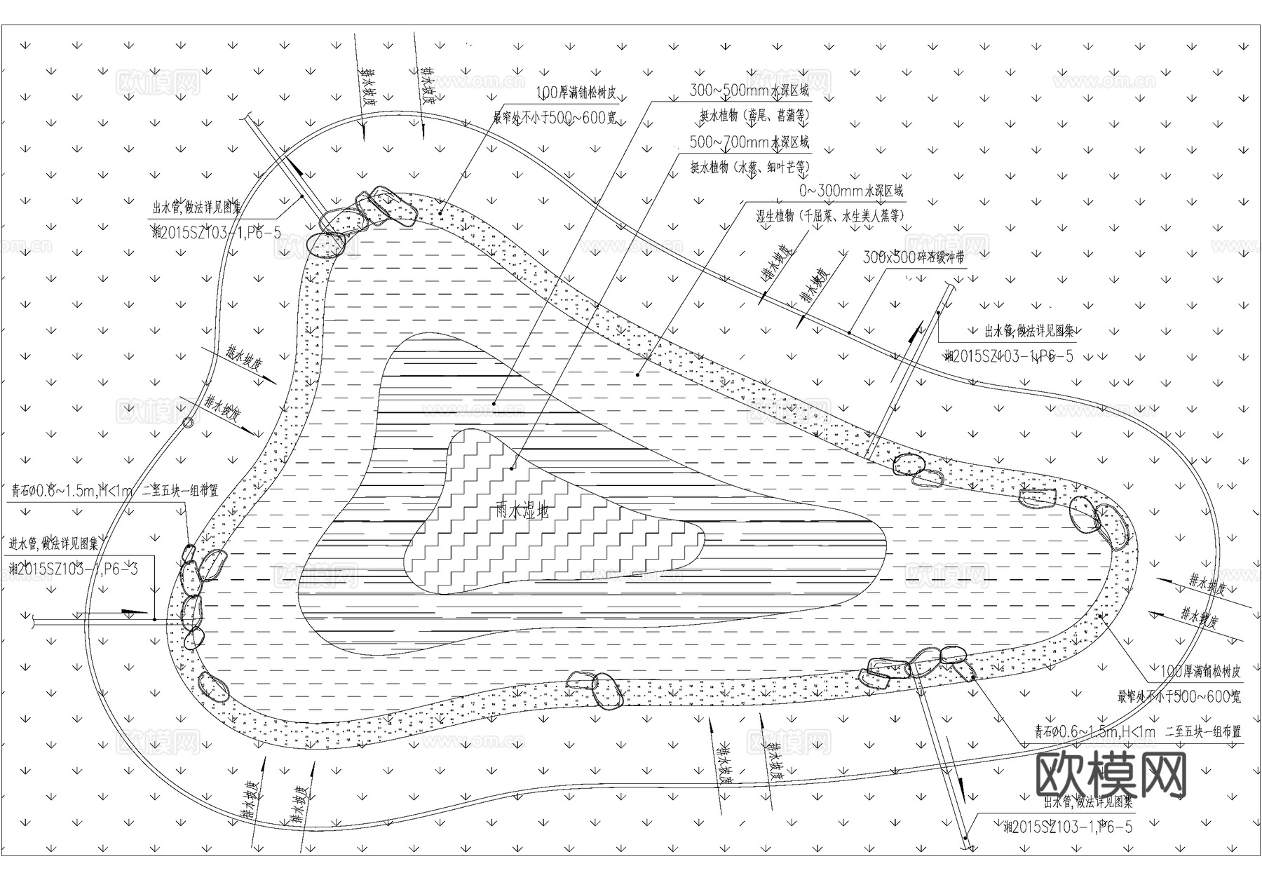 雨水湿地草坡入水 平剖面 给排水节点cad施工图