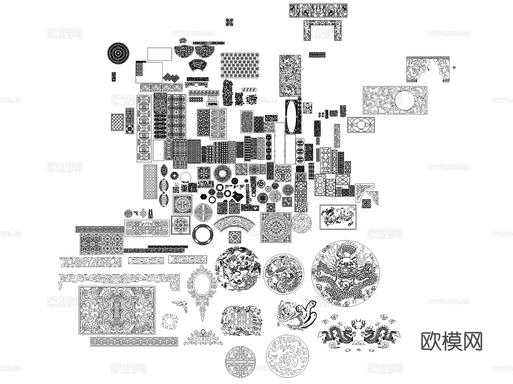雕花图案花纹纹样装饰线条图块图库CAD施工图集 23套cad施工图