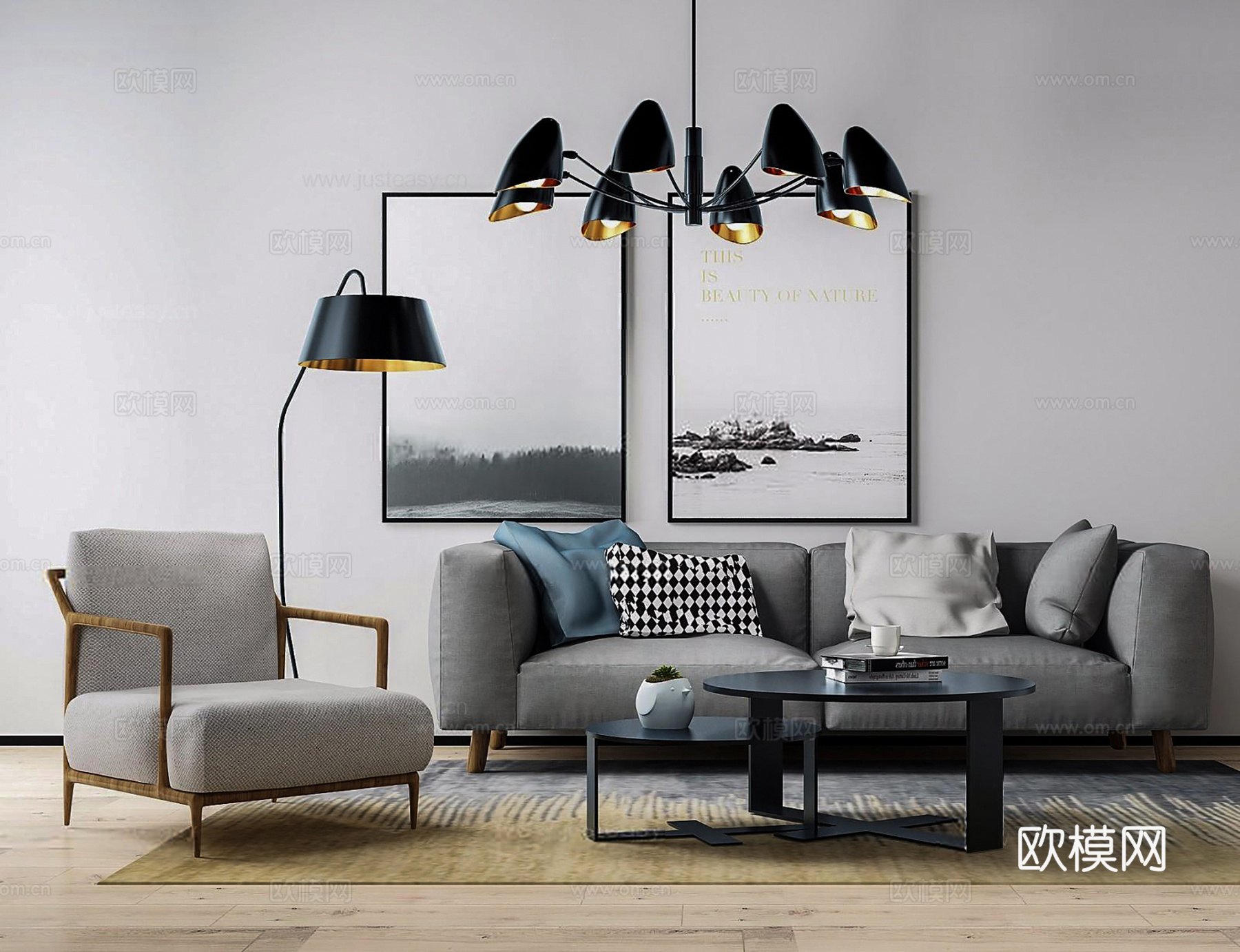 现代沙发茶几壁画组合3d模型下载（渲染图1）