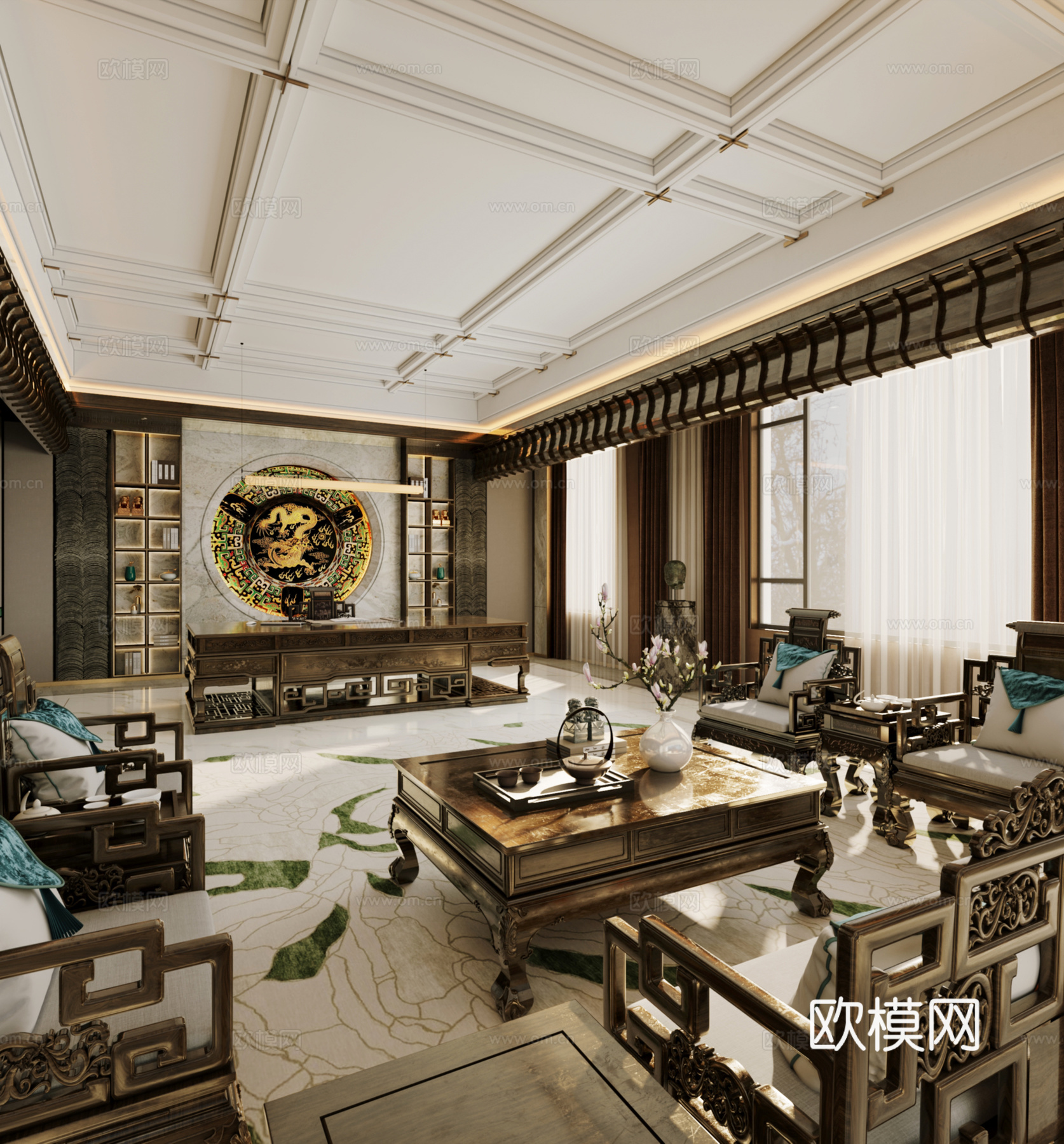 中式董事长办公室3d模型下载