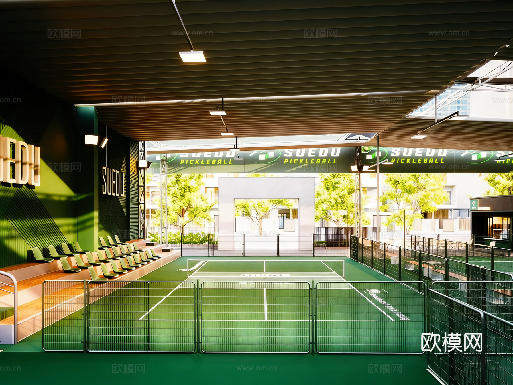 现代专业羽毛球网球球场 钢结构顶棚 专业围网 观众看台 体育su模型