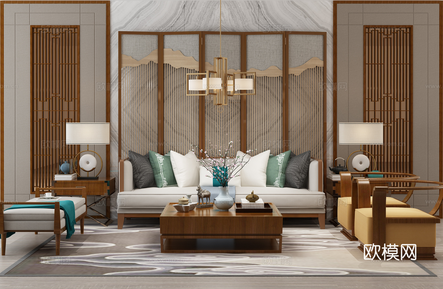 新中式沙发茶几组合 吊灯3d模型下载（渲染图2）