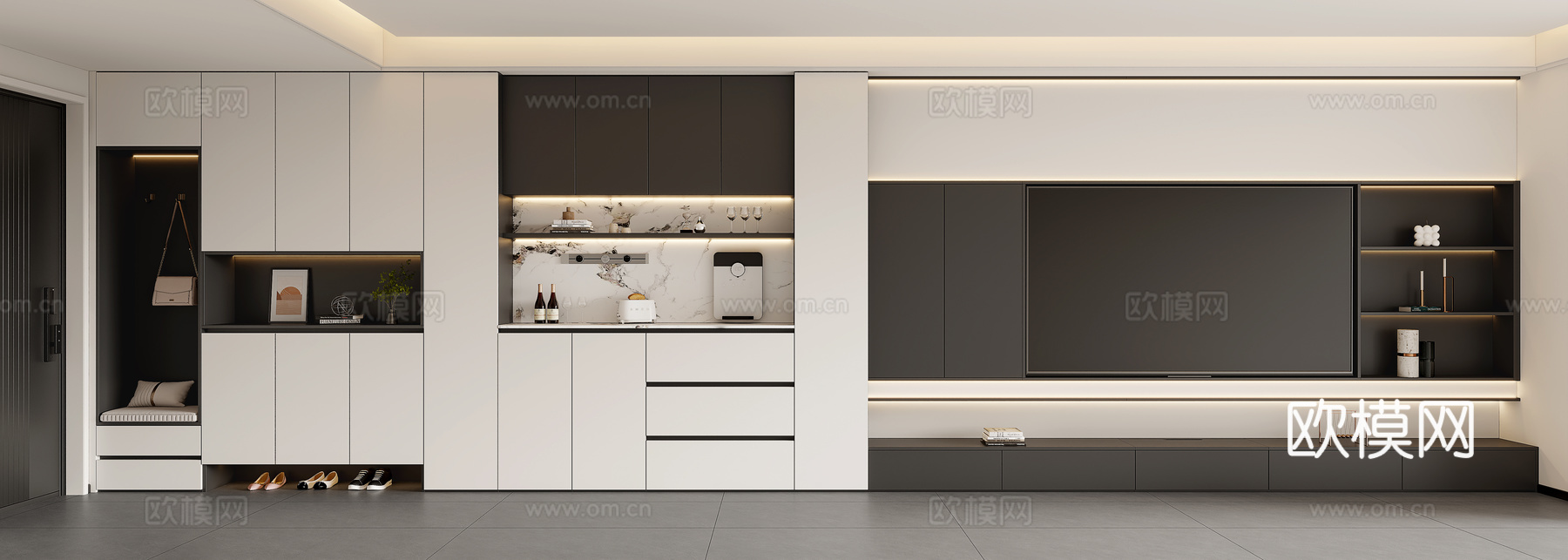 现代极简电视墙 鞋柜餐边柜电视墙 客厅电视背景墙柜 鞋柜su模型