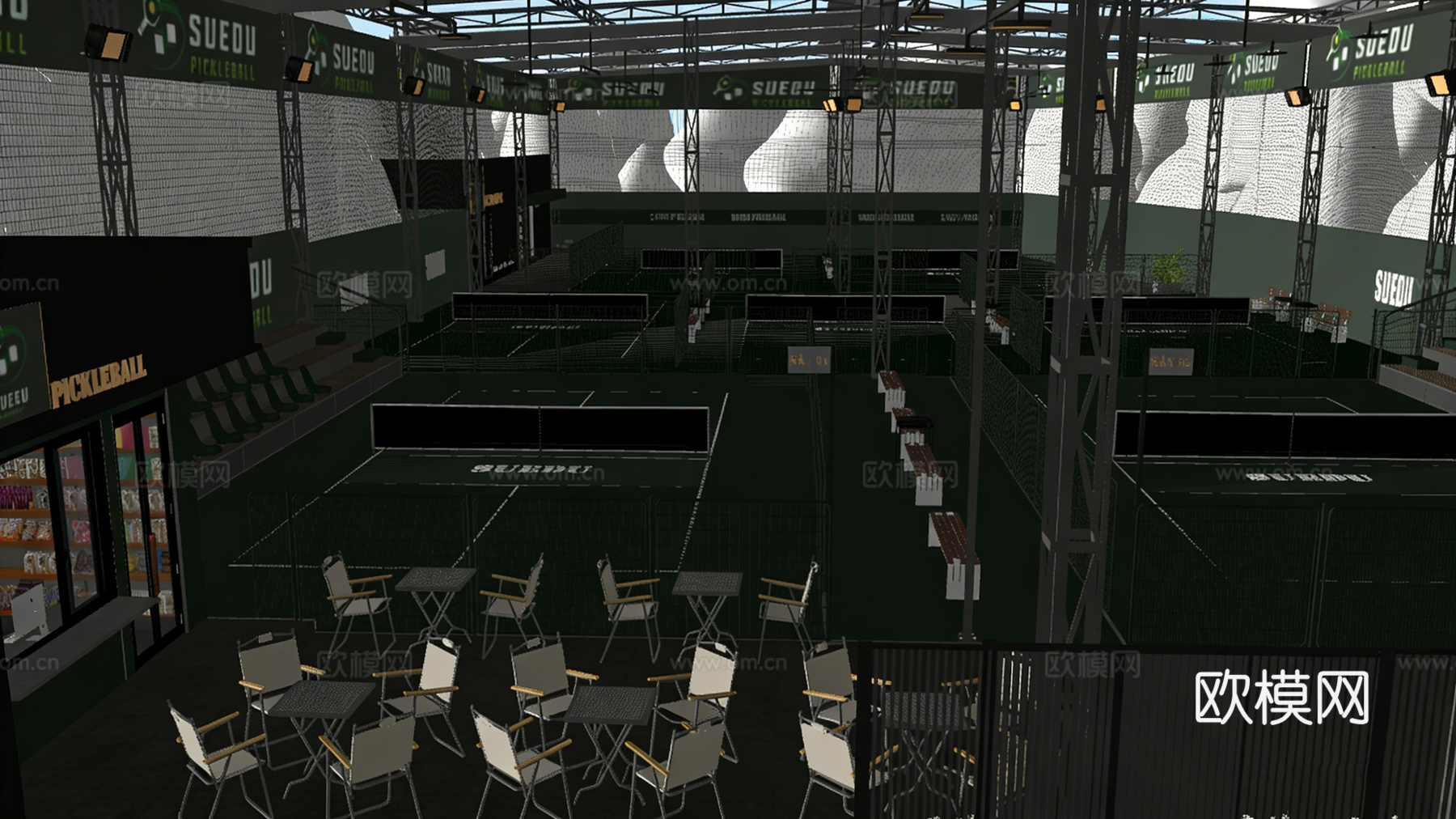 现代专业羽毛球网球球场 钢结构顶棚 专业围网 观众看台 体育su模型