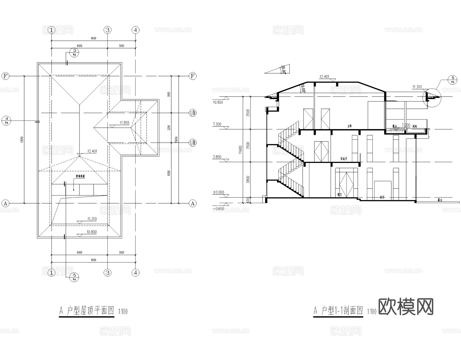 两厅四套间三层别墅建筑CAD施工图cad施工图