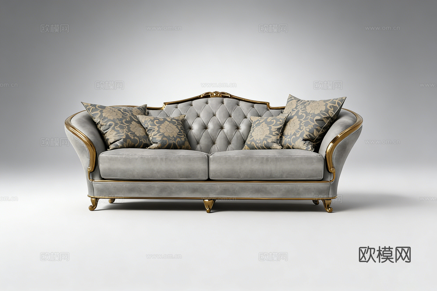 轻奢风双人沙发 纽扣菱形缝线 金色线条 金属脚 欧式高定su模型