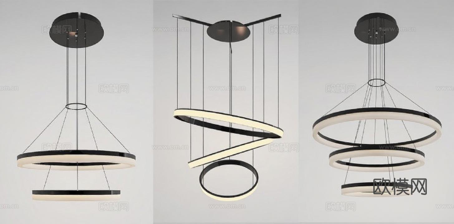 现代简约吊灯设计 金属环形灯带 极简科技感灯具 层叠螺旋多环结构 高端客厅商用照明免费3d模型下载