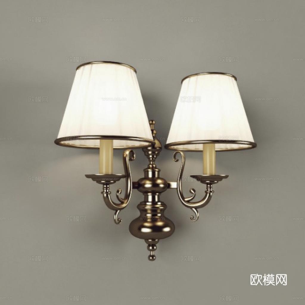 古典双头壁灯 古铜色对称卷曲灯臂 米白褶皱灯罩 复古家居装饰灯具 室内照明设备免费3d模型下载