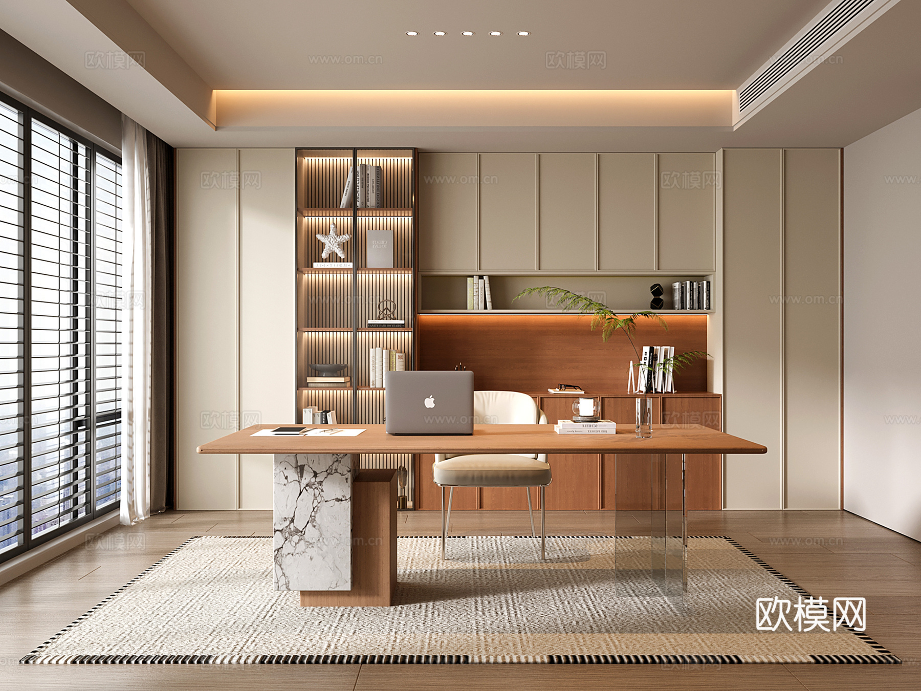 现代中古书房 书柜 书桌椅su模型