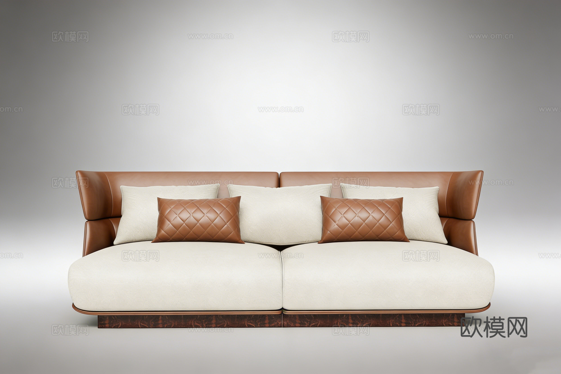 现代简约艺术双人沙发 棕色弧形扶手 米白布艺坐垫 菱形格抱枕su模型