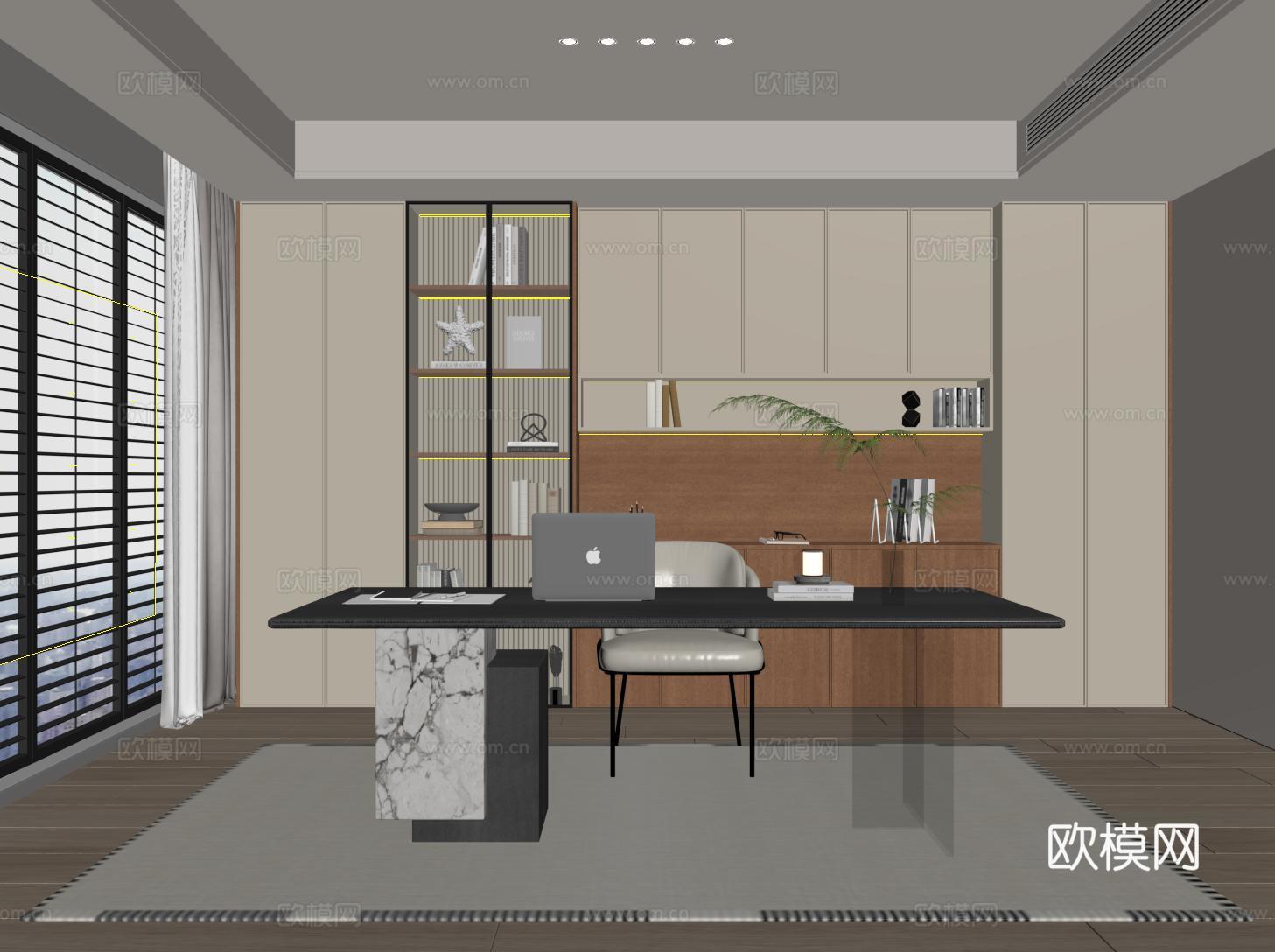 现代中古书房 书柜 书桌椅su模型