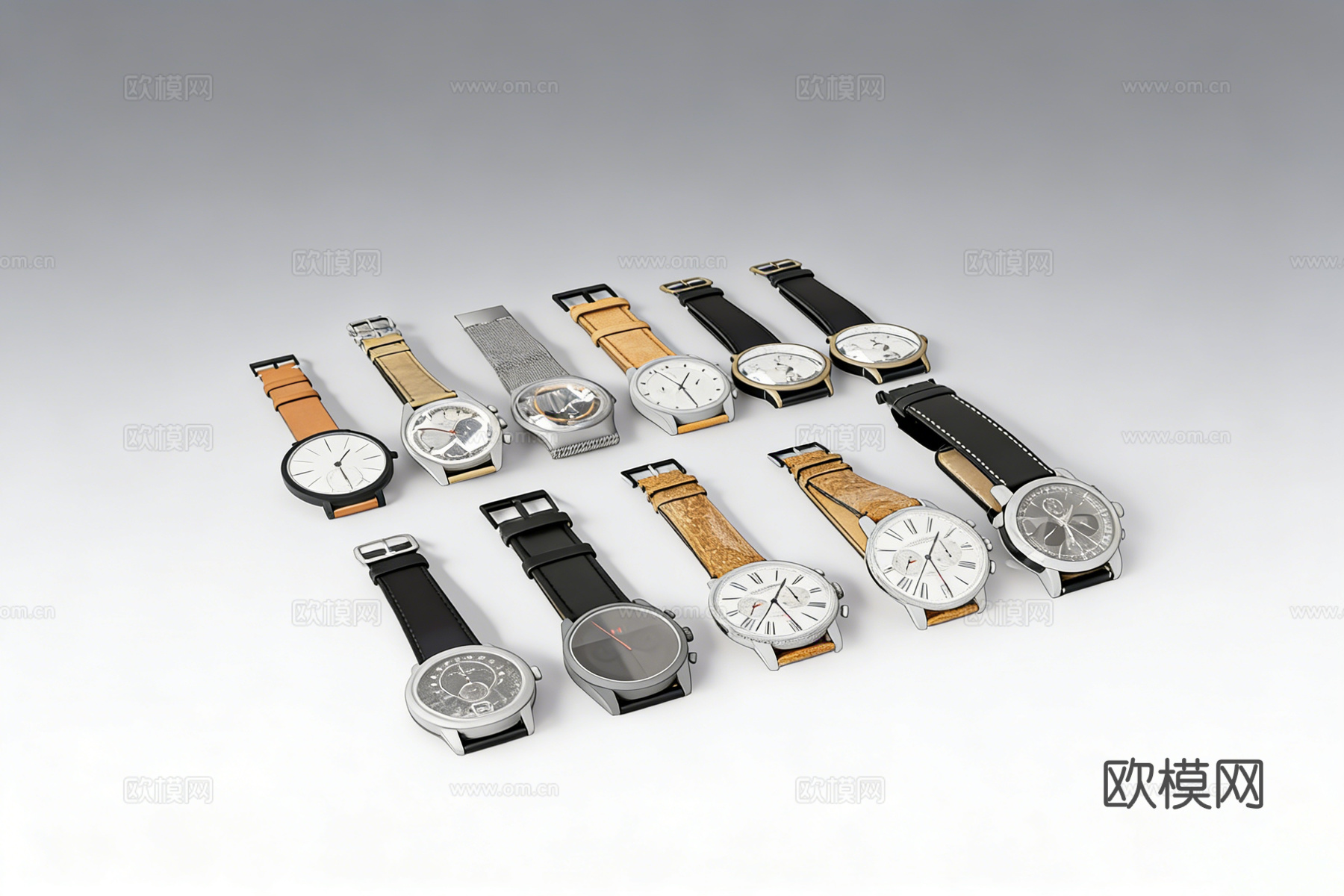 现代简约手表 银色金色表壳 皮革金属表带 珠宝UI设计配饰su模型