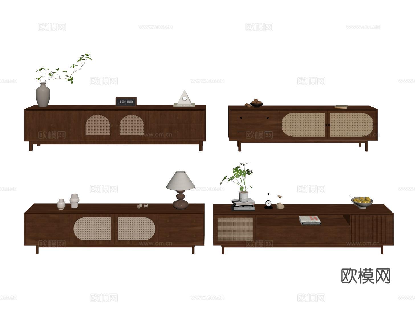 复古中古电视柜 藤编电视柜su模型