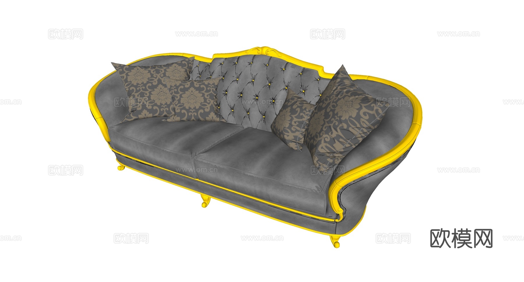 轻奢风双人沙发 纽扣菱形缝线 金色线条 金属脚 欧式高定su模型
